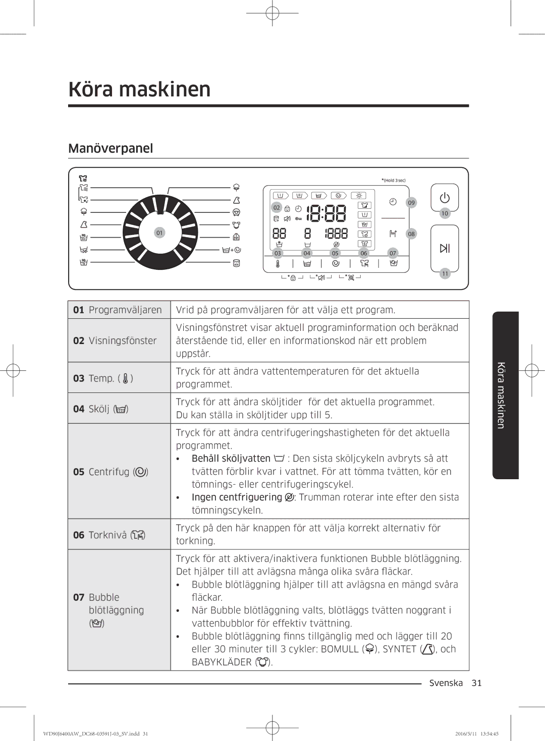 Samsung WD90J6400AW/EE, WD90J6400AW/EG, WD80J6400AW/EG, WD80J6400AW/WS, WD80J6400AW/EE manual Köra maskinen, Manöverpanel 