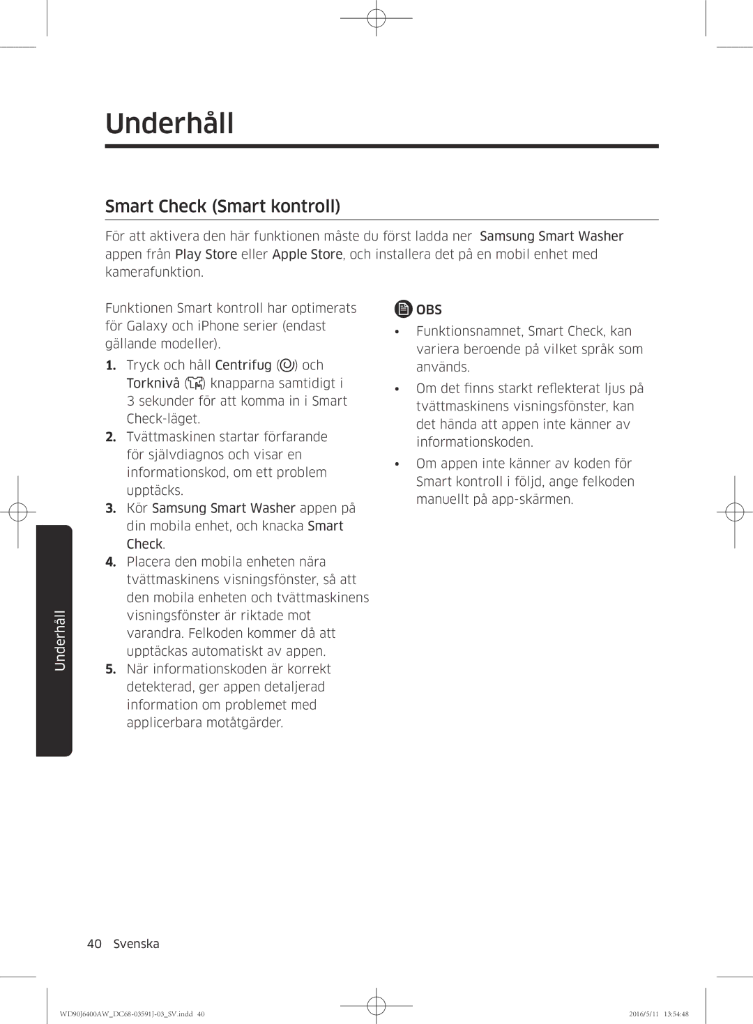 Samsung WD80J6400AW/WS, WD90J6400AW/EG, WD80J6400AW/EG, WD80J6400AW/EE, WD90J6400AX/EE manual Smart Check Smart kontroll 