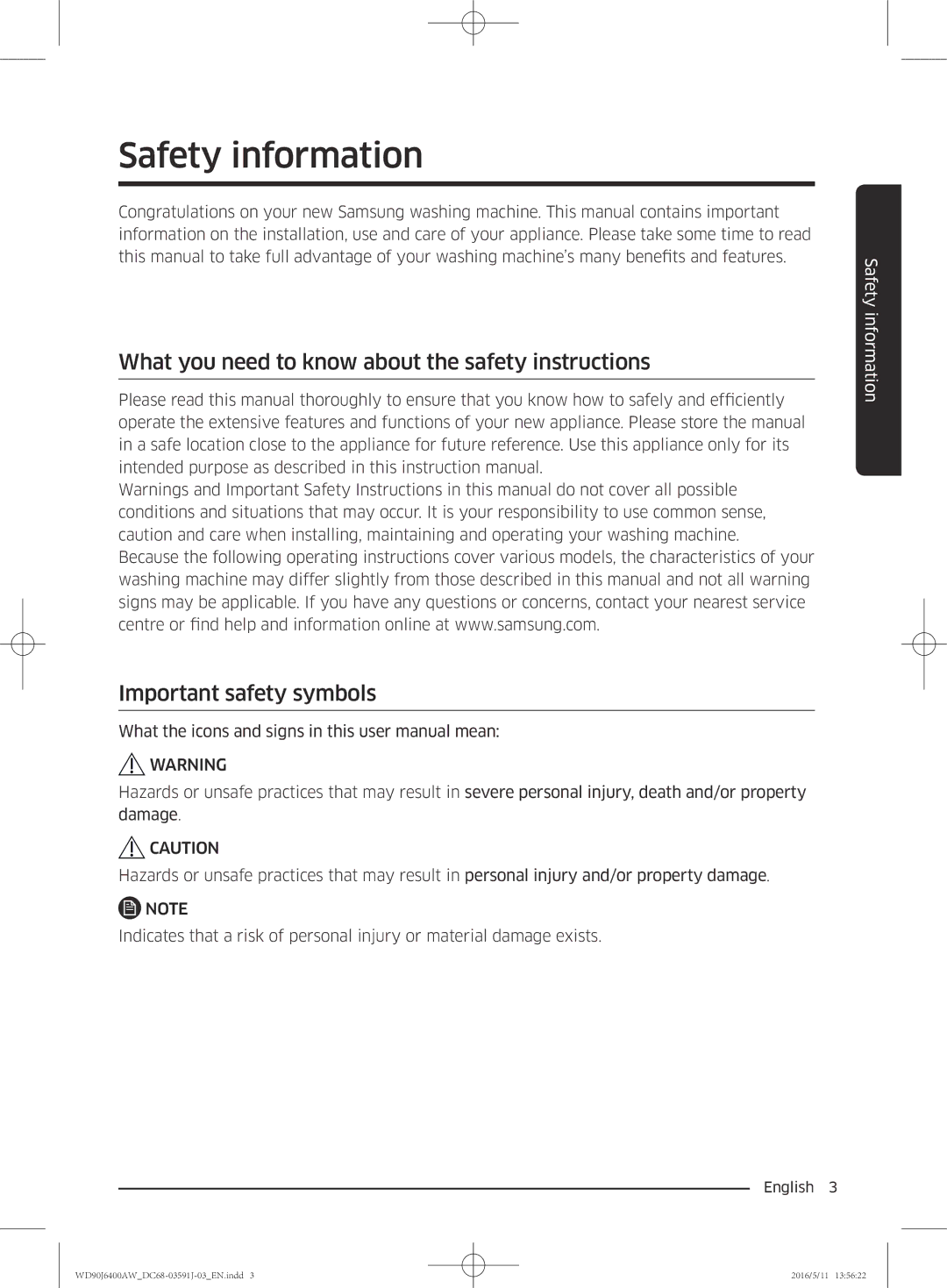 Samsung WD80J6400AW/EE, WD90J6400AW/EG, WD80J6400AW/EG, WD80J6400AW/WS, WD90J6400AX/EE, WD90J6400AW/EE manual Safety information 