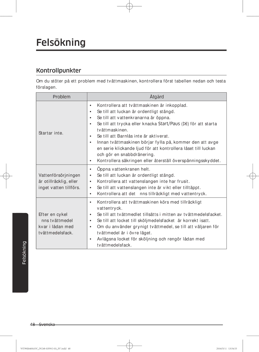 Samsung WD90J6400AX/EE, WD90J6400AW/EG, WD80J6400AW/EG, WD80J6400AW/WS, WD80J6400AW/EE manual Felsökning, Kontrollpunkter 