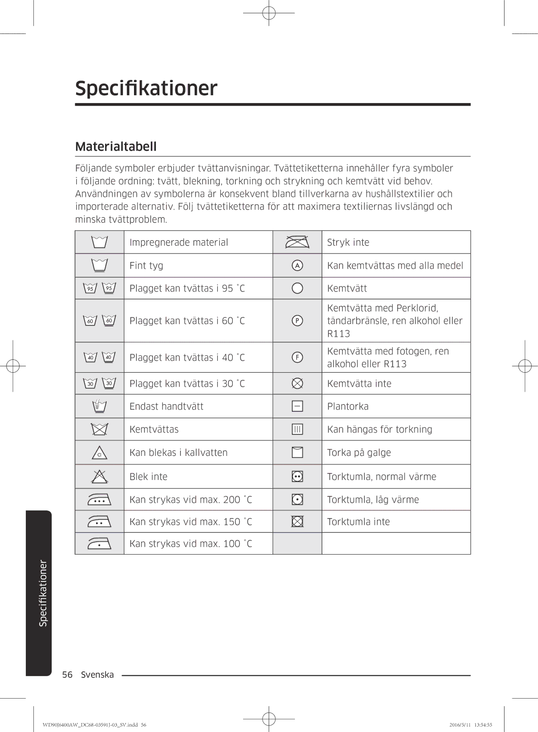 Samsung WD90J6400AW/EG, WD80J6400AW/EG, WD80J6400AW/WS, WD80J6400AW/EE, WD90J6400AX/EE manual Specifikationer, Materialtabell 