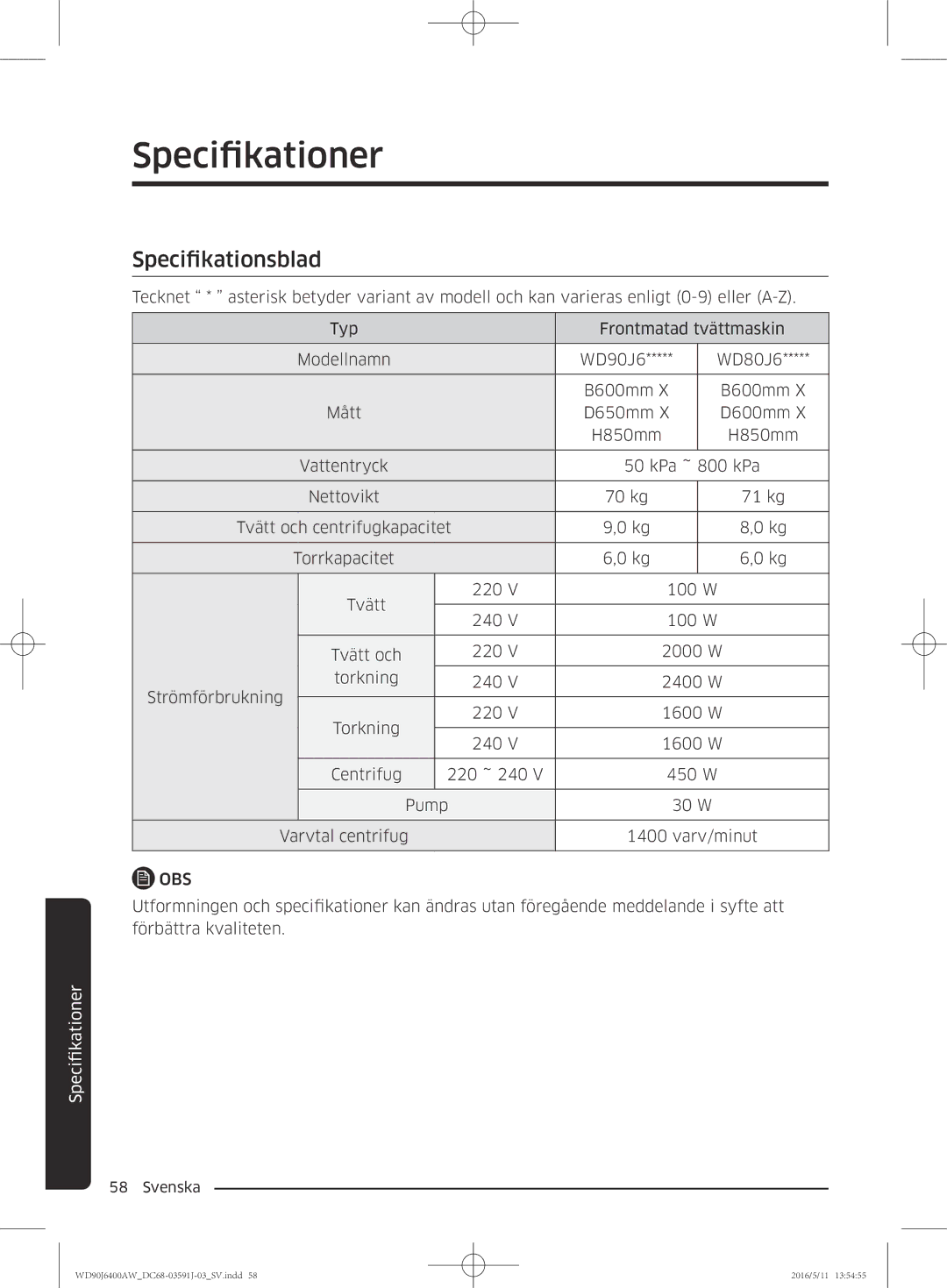 Samsung WD80J6400AW/WS, WD90J6400AW/EG, WD80J6400AW/EG, WD80J6400AW/EE, WD90J6400AX/EE, WD90J6400AW/EE Specifikationsblad, Obs 