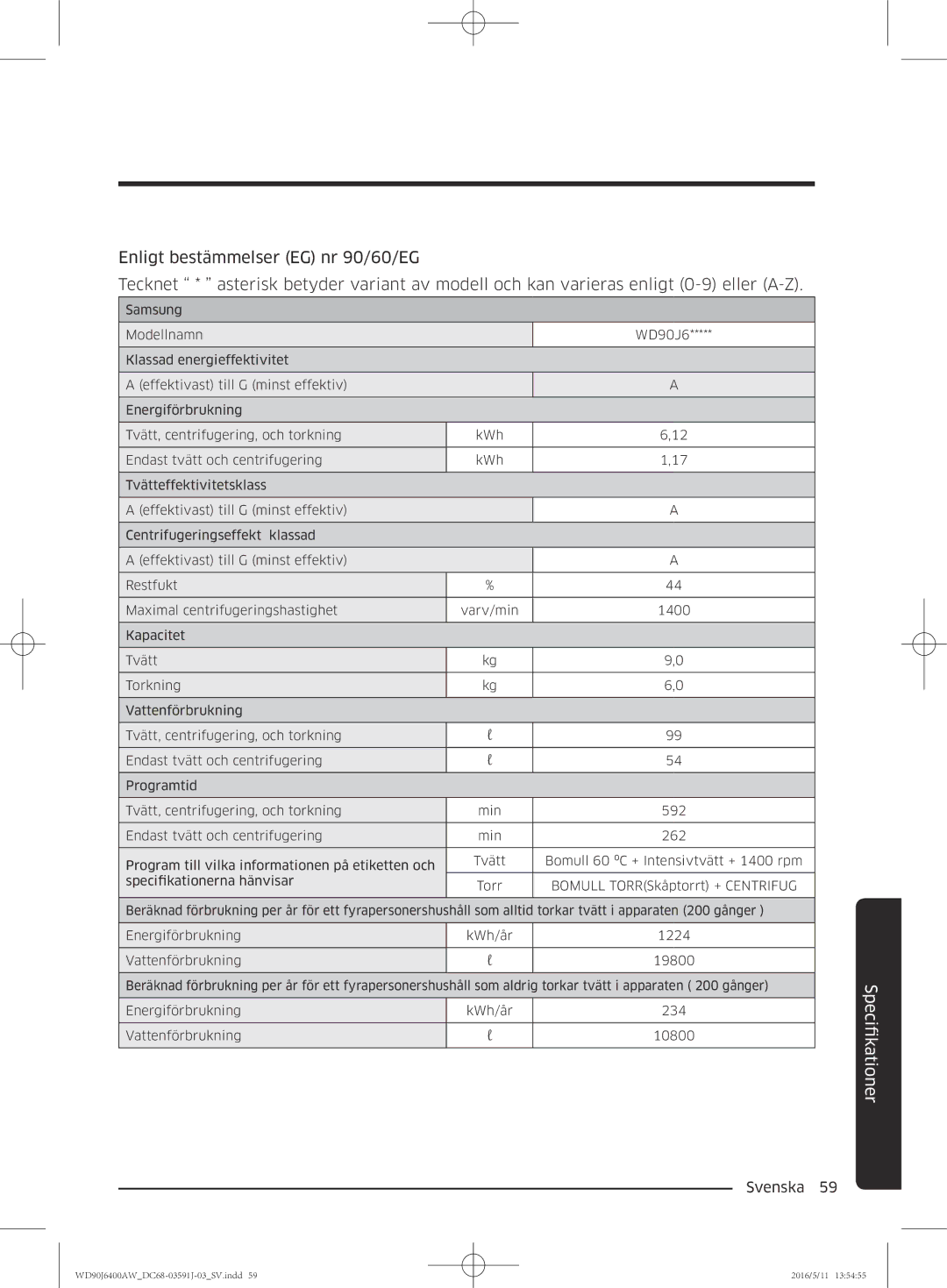 Samsung WD80J6400AW/EE, WD90J6400AW/EG, WD80J6400AW/EG, WD80J6400AW/WS, WD90J6400AX/EE, WD90J6400AW/EE manual FikationerSpci 