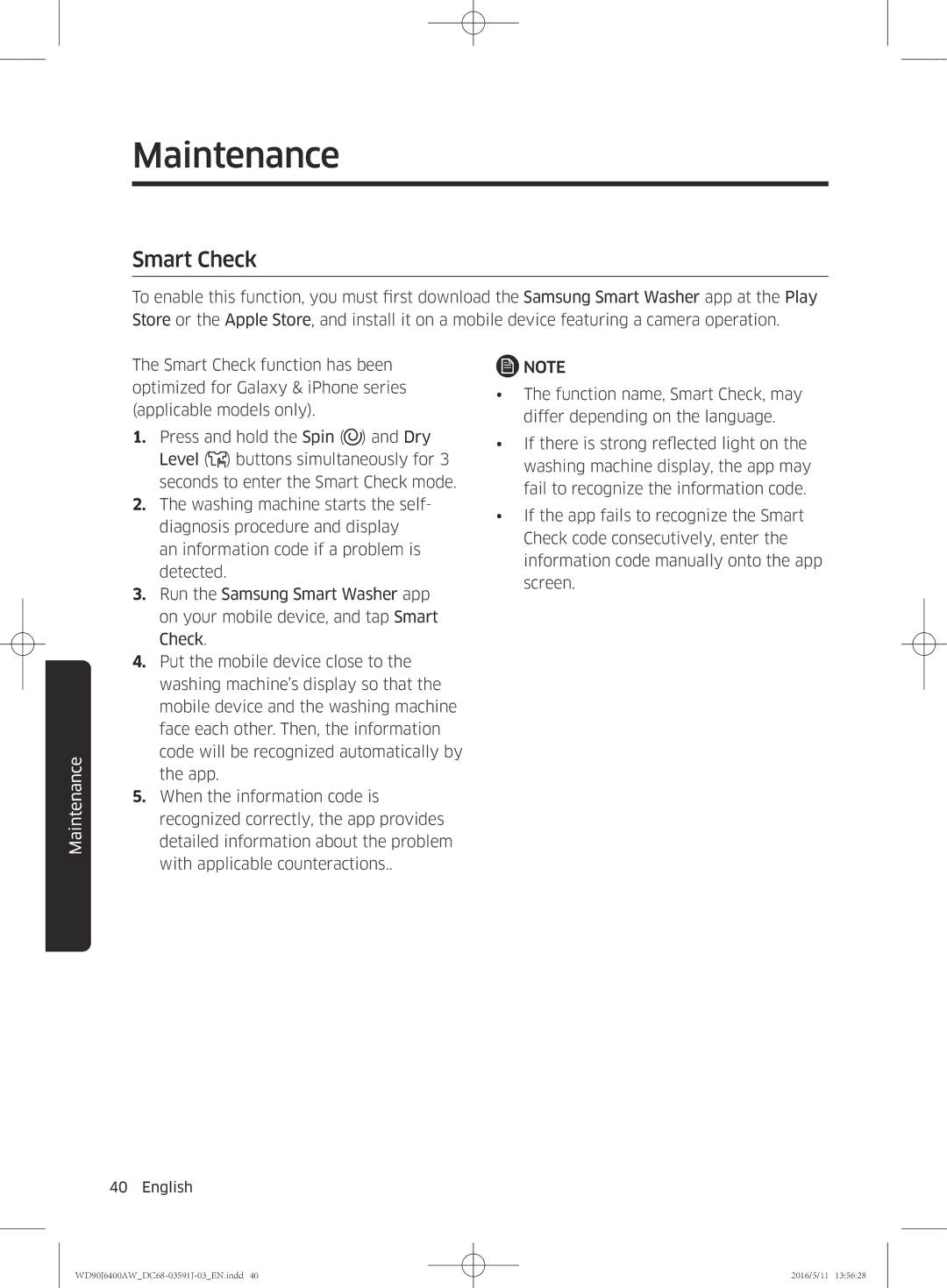 Samsung WD90J6400AX/EE, WD90J6400AW/EG, WD80J6400AW/EG, WD80J6400AW/WS, WD80J6400AW/EE, WD90J6400AW/EE manual Smart Check 