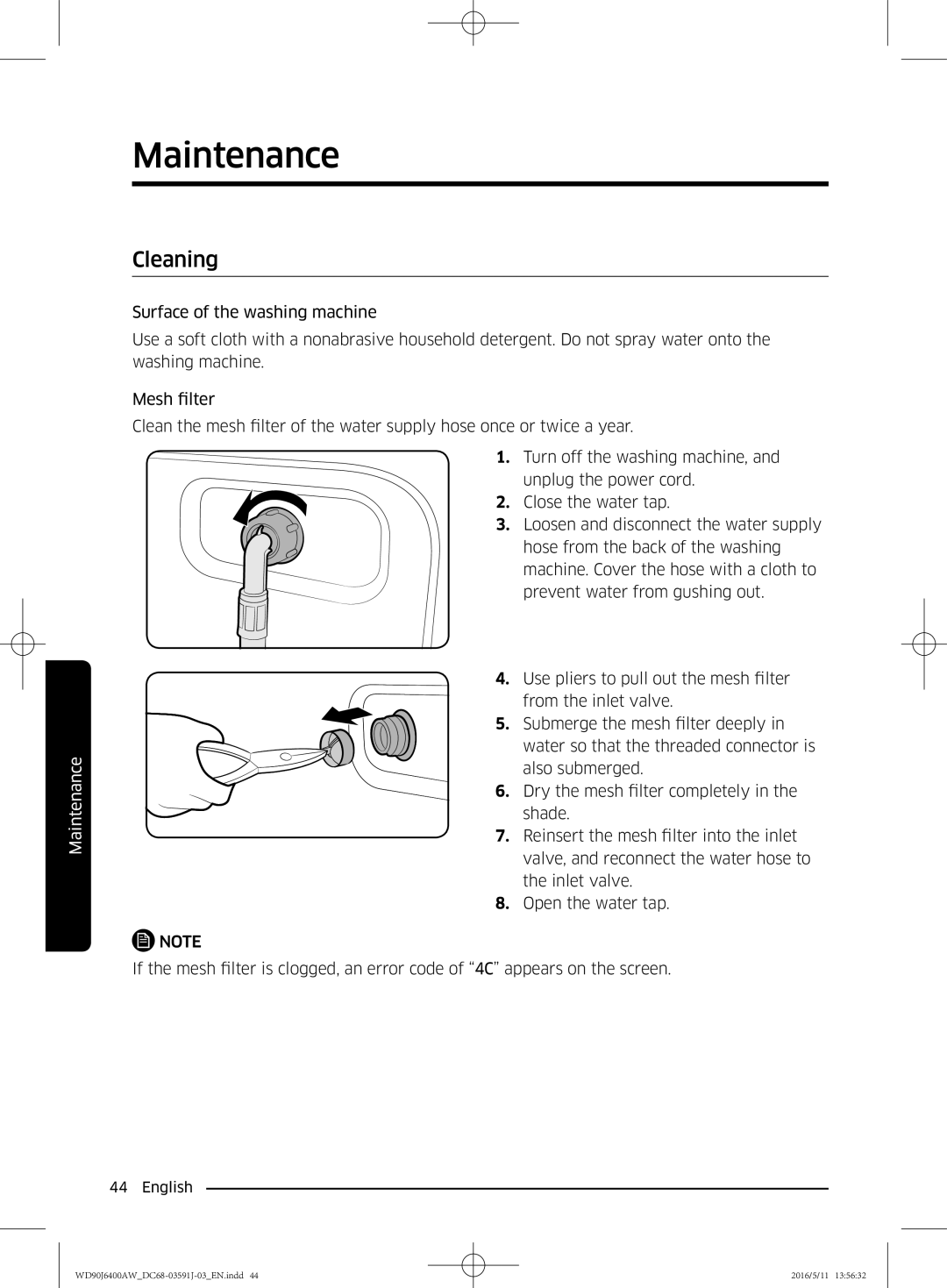 Samsung WD80J6400AW/WS, WD90J6400AW/EG, WD80J6400AW/EG, WD80J6400AW/EE, WD90J6400AX/EE, WD90J6400AW/EE manual Cleaning 