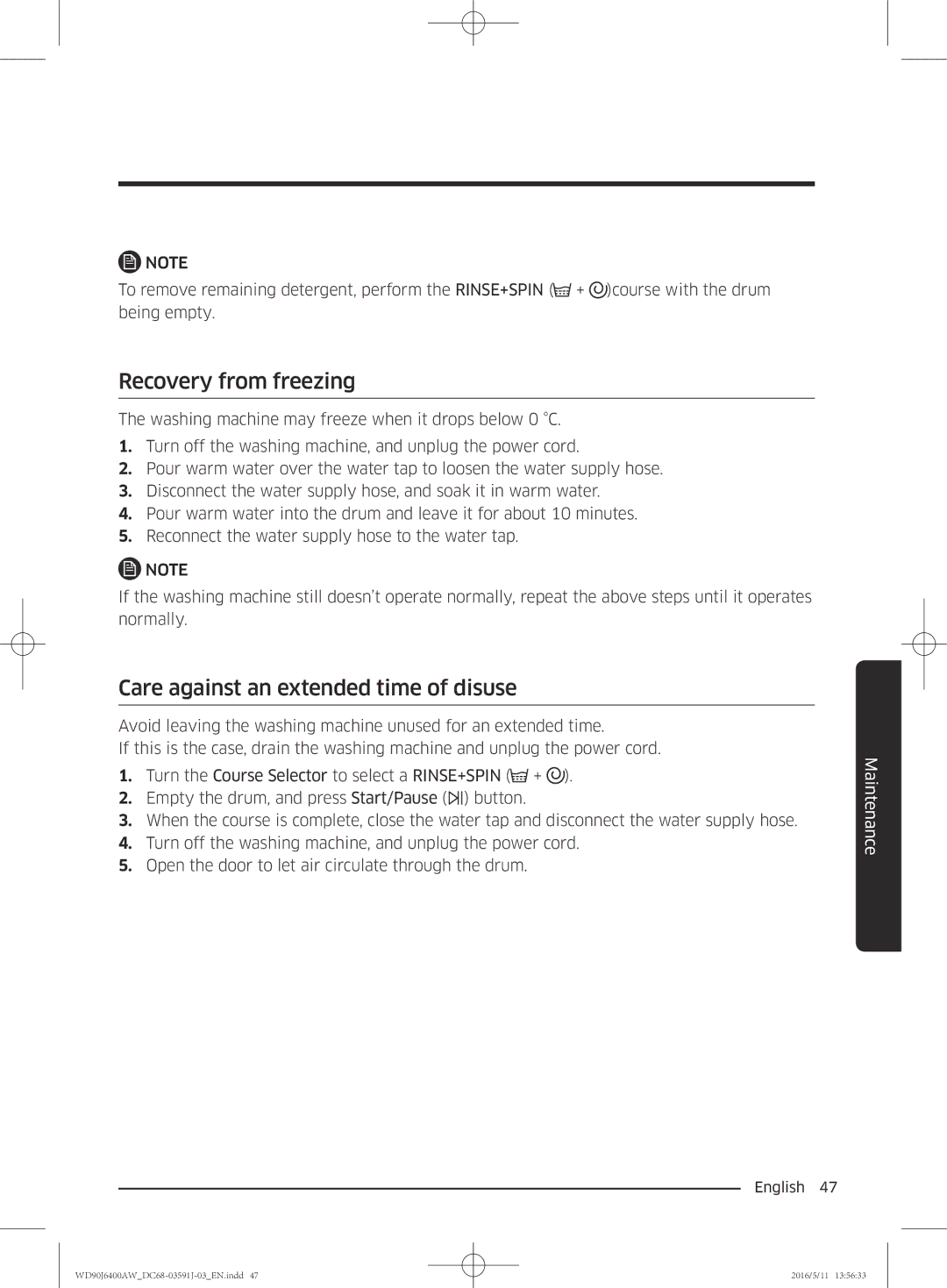 Samsung WD90J6400AW/EE, WD90J6400AW/EG, WD80J6400AW/EG manual Recovery from freezing, Care against an extended time of disuse 