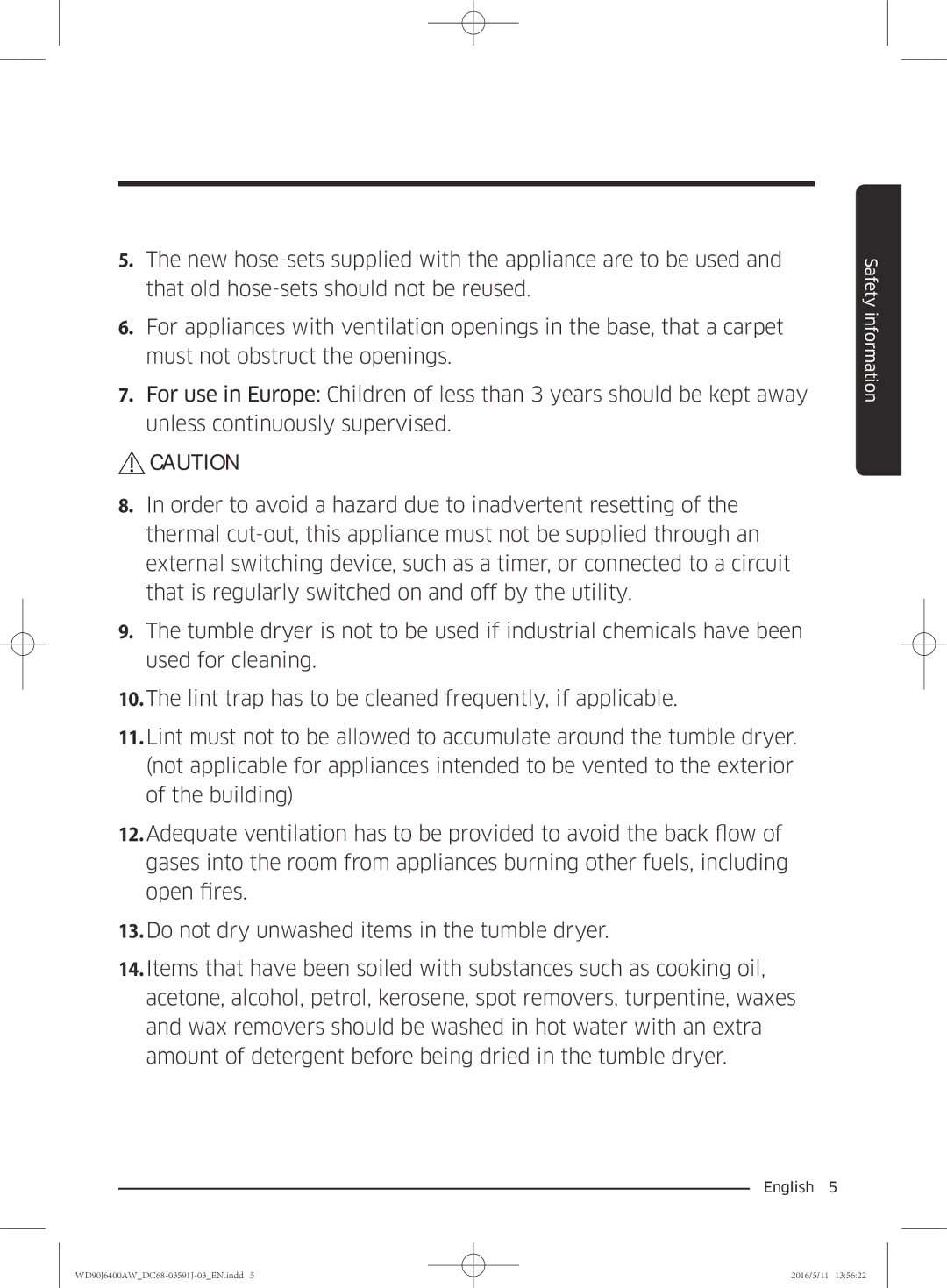 Samsung WD90J6400AW/EE, WD90J6400AW/EG, WD80J6400AW/EG, WD80J6400AW/WS, WD80J6400AW/EE, WD90J6400AX/EE manual Safety information 