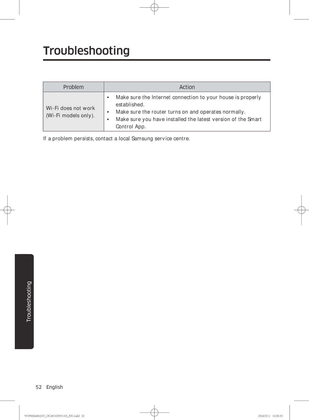 Samsung WD90J6400AX/EE, WD90J6400AW/EG, WD80J6400AW/EG, WD80J6400AW/WS, WD80J6400AW/EE, WD90J6400AW/EE manual Troubleshooting 