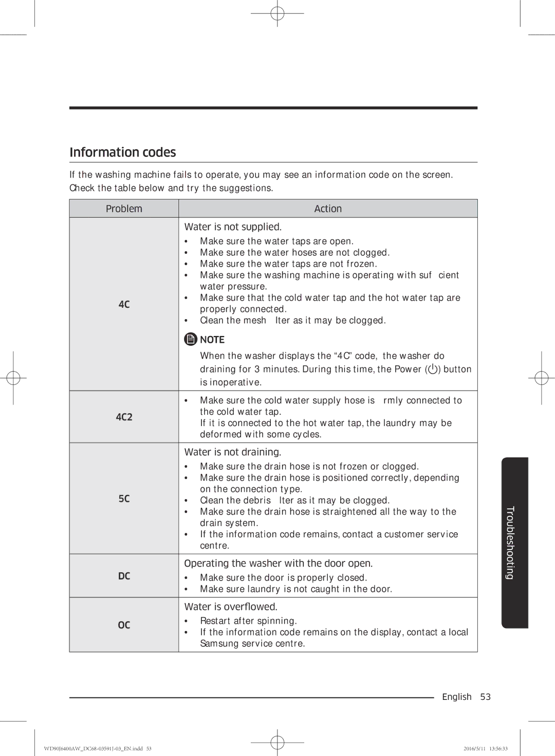 Samsung WD90J6400AW/EE, WD90J6400AW/EG, WD80J6400AW/EG, WD80J6400AW/WS, WD80J6400AW/EE, WD90J6400AX/EE manual Information codes 