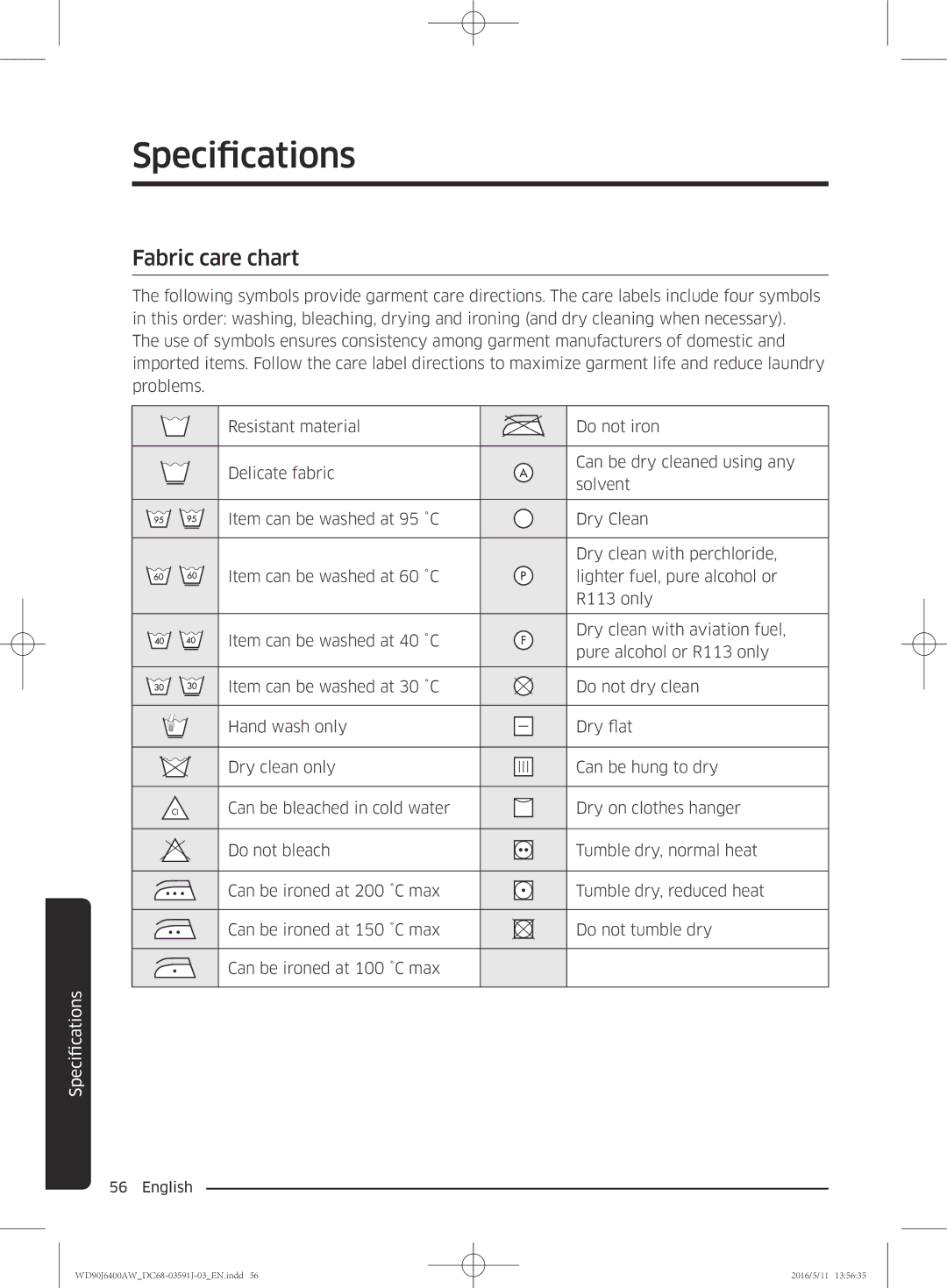 Samsung WD80J6400AW/WS, WD90J6400AW/EG, WD80J6400AW/EG, WD80J6400AW/EE, WD90J6400AX/EE manual Specifications, Fabric care chart 