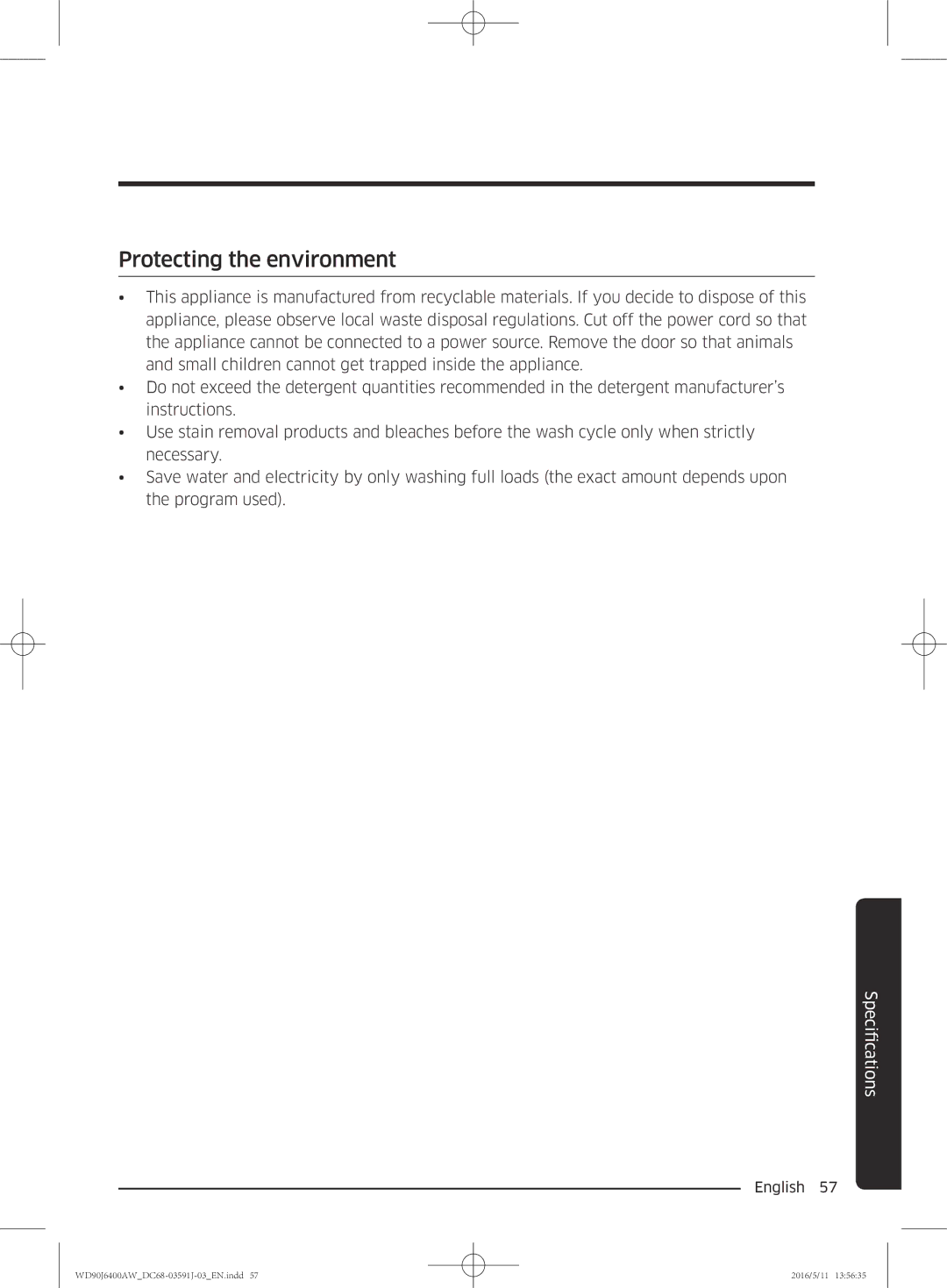 Samsung WD80J6400AW/EE, WD90J6400AW/EG, WD80J6400AW/EG, WD80J6400AW/WS, WD90J6400AX/EE manual Protecting the environment 