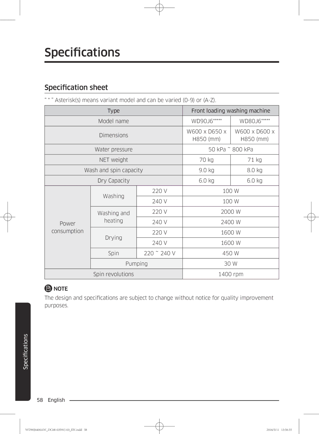 Samsung WD90J6400AX/EE, WD90J6400AW/EG, WD80J6400AW/EG, WD80J6400AW/WS, WD80J6400AW/EE, WD90J6400AW/EE Specification sheet 