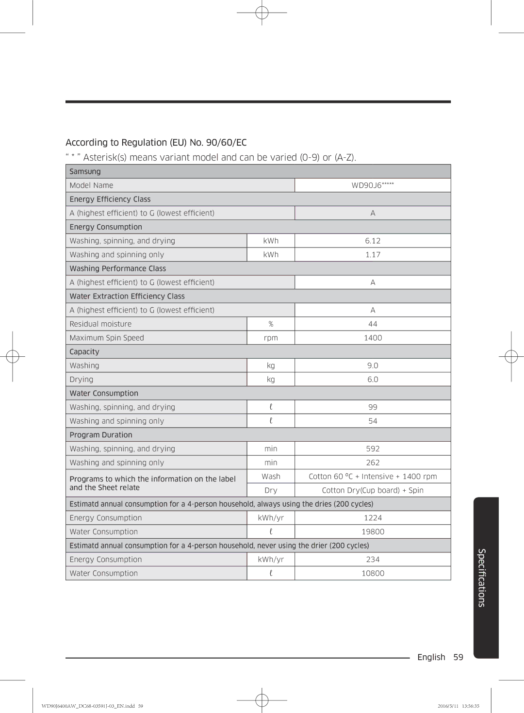 Samsung WD90J6400AW/EE, WD90J6400AW/EG, WD80J6400AW/EG, WD80J6400AW/WS, WD80J6400AW/EE, WD90J6400AX/EE manual FicationsSpeci 