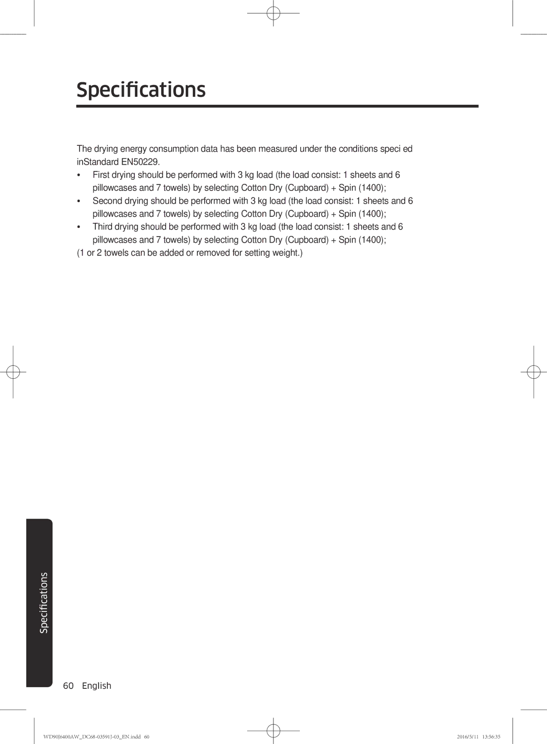 Samsung WD90J6400AW/EG, WD80J6400AW/EG, WD80J6400AW/WS, WD80J6400AW/EE, WD90J6400AX/EE, WD90J6400AW/EE manual Specifications 