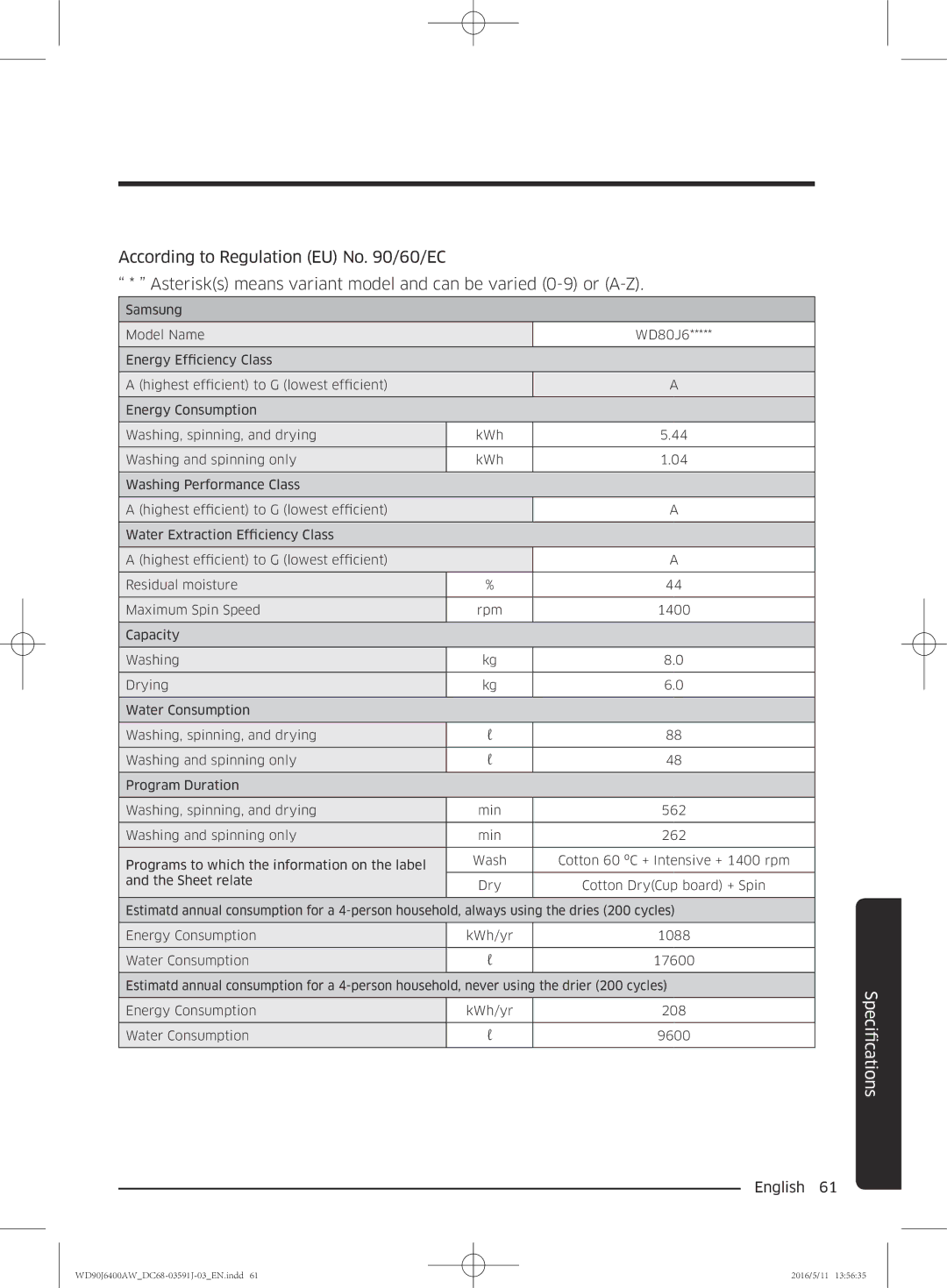 Samsung WD80J6400AW/EG, WD90J6400AW/EG, WD80J6400AW/WS, WD80J6400AW/EE, WD90J6400AX/EE, WD90J6400AW/EE manual FicationsSpeci 