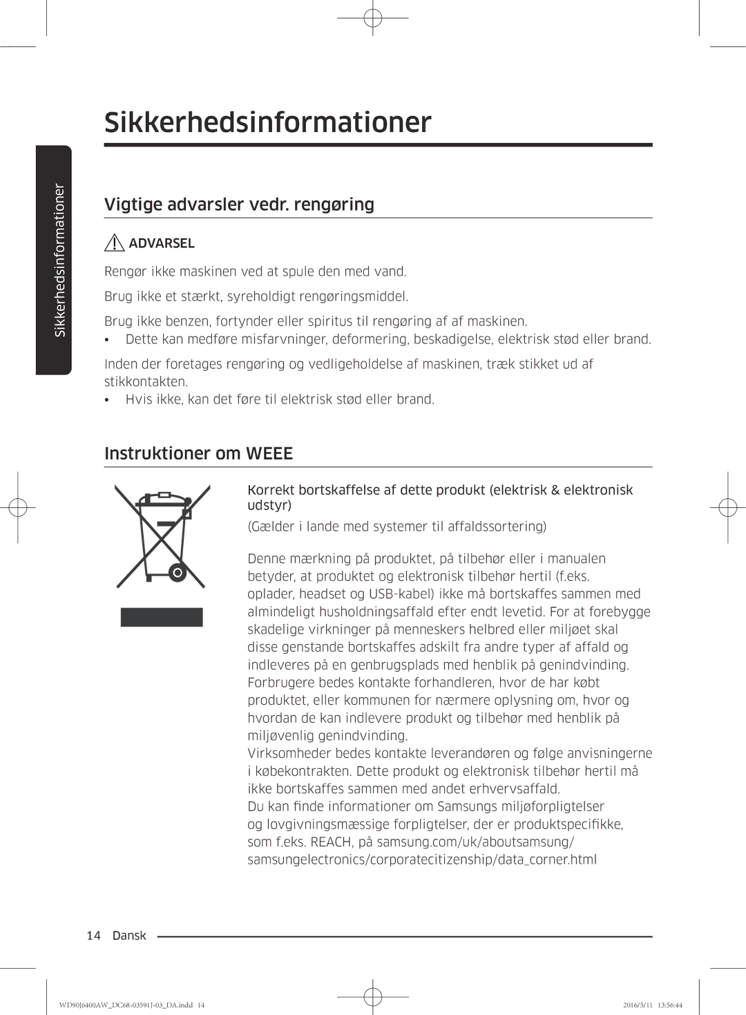 Samsung WD90J6400AW/EG, WD80J6400AW/EG, WD80J6400AW/WS manual Vigtige advarsler vedr. rengøring, Instruktioner om Weee 