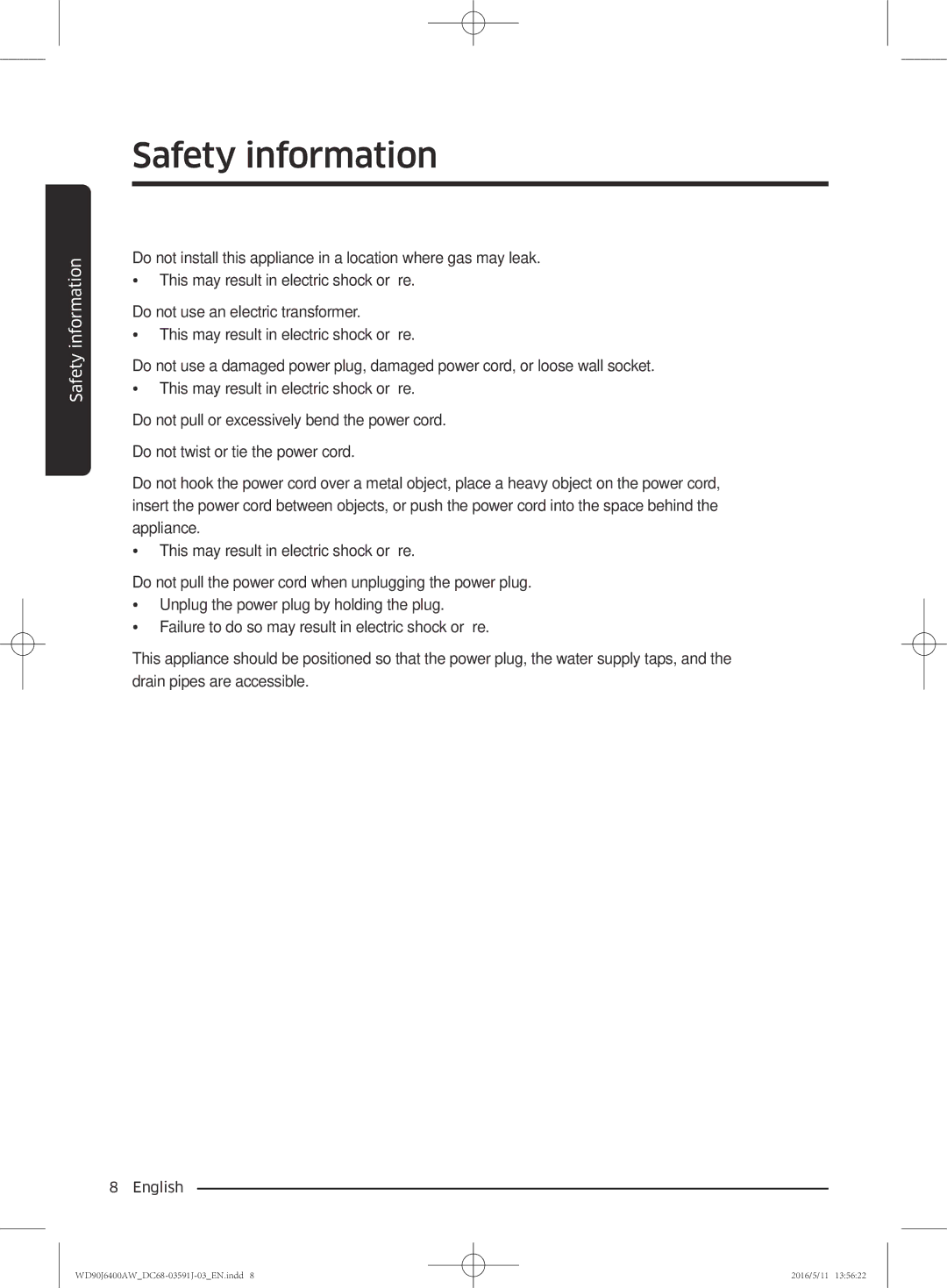 Samsung WD80J6400AW/WS, WD90J6400AW/EG, WD80J6400AW/EG, WD80J6400AW/EE, WD90J6400AX/EE, WD90J6400AW/EE manual Safety information 