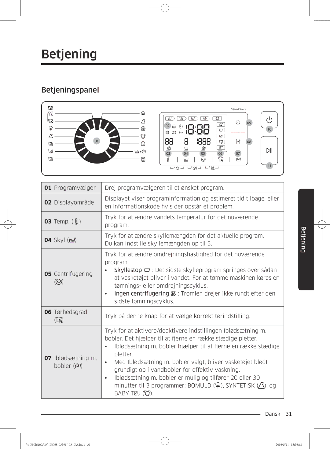 Samsung WD90J6400AW/EE, WD90J6400AW/EG, WD80J6400AW/EG, WD80J6400AW/WS, WD80J6400AW/EE, WD90J6400AX/EE Betjeningspanel 