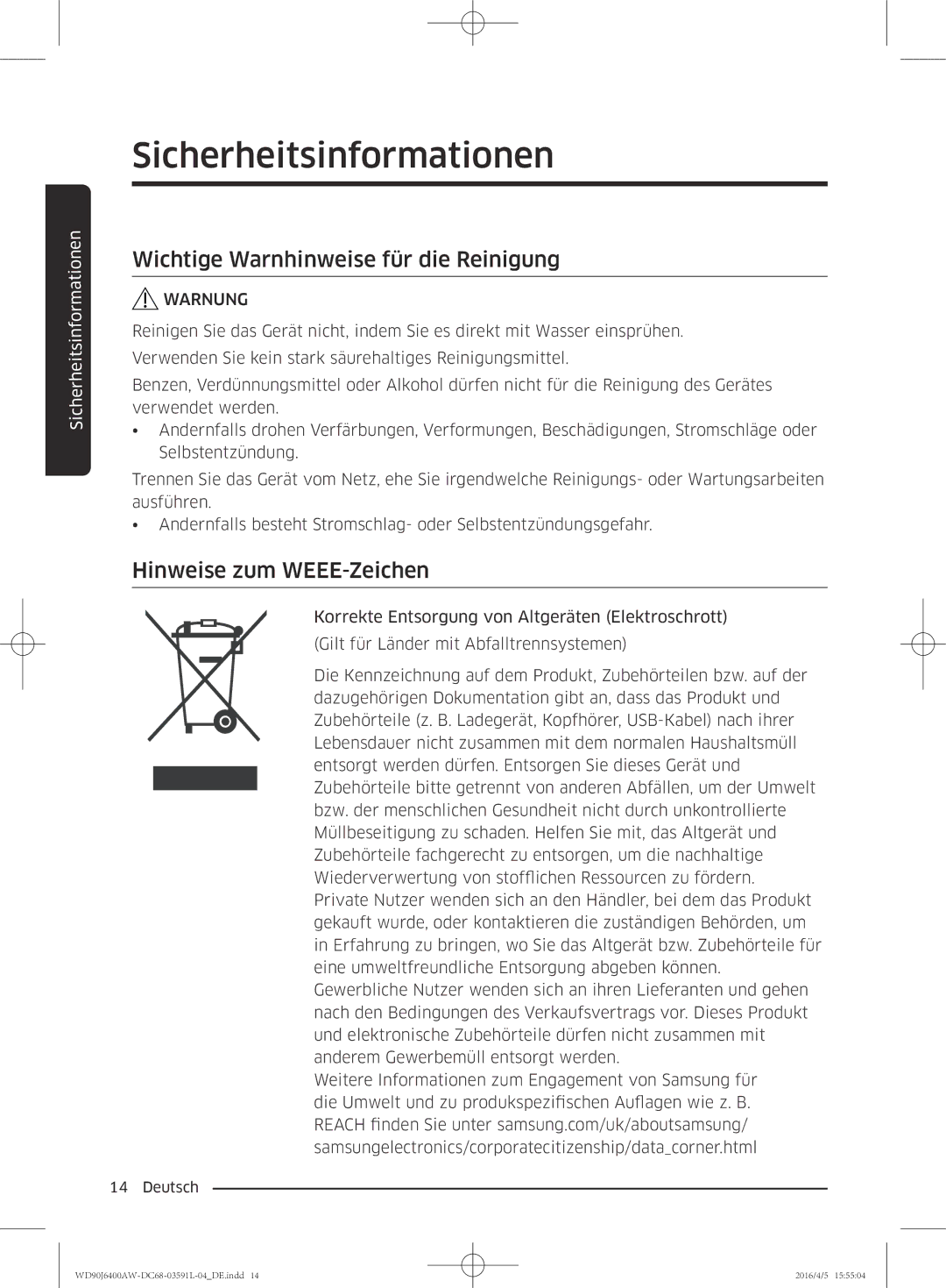 Samsung WD90J6400AW/EG, WD80J6400AW/EG manual Wichtige Warnhinweise für die Reinigung, Hinweise zum WEEE-Zeichen 