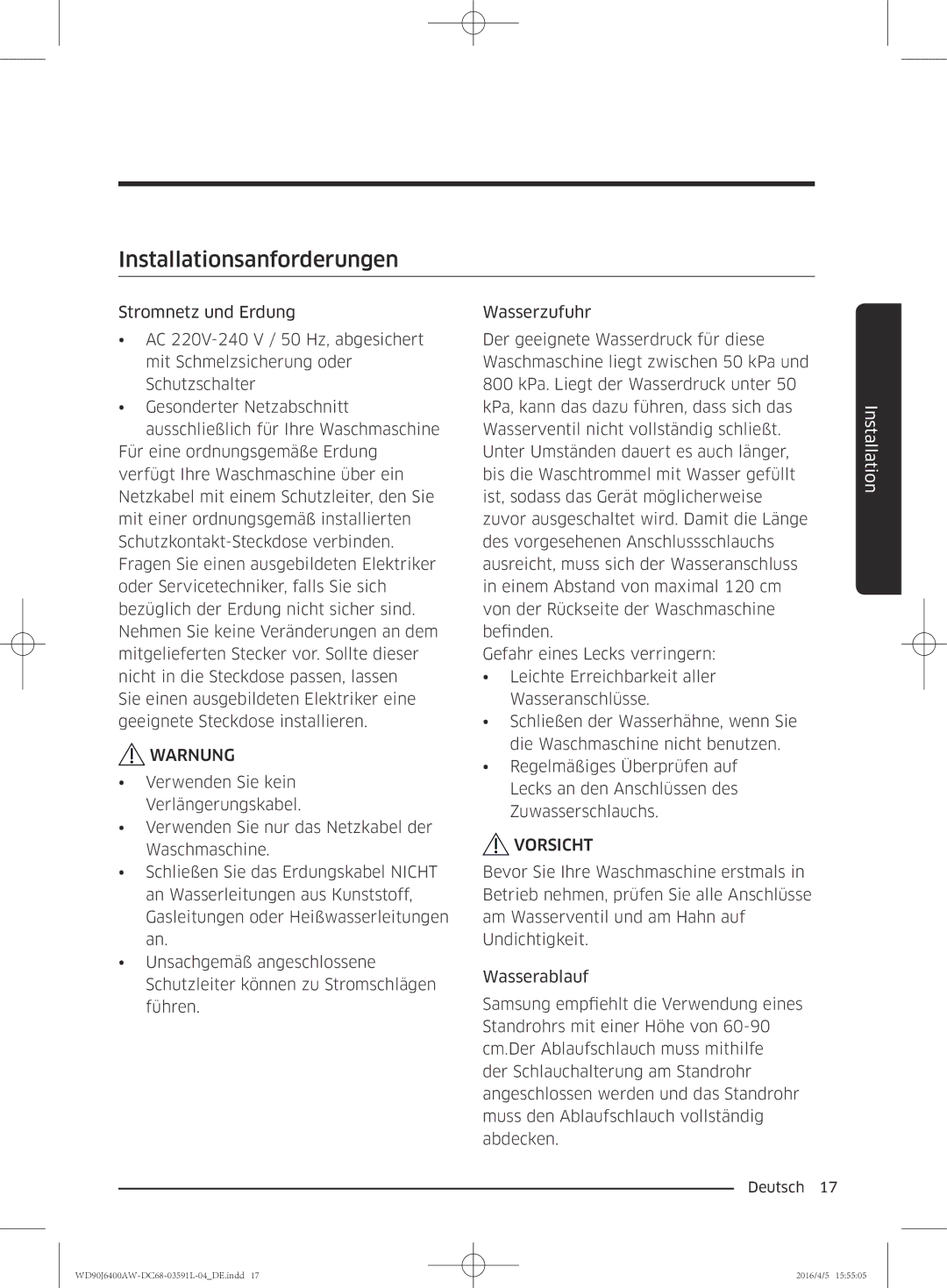 Samsung WD80J6400AW/EG, WD90J6400AW/EG manual Installationsanforderungen 