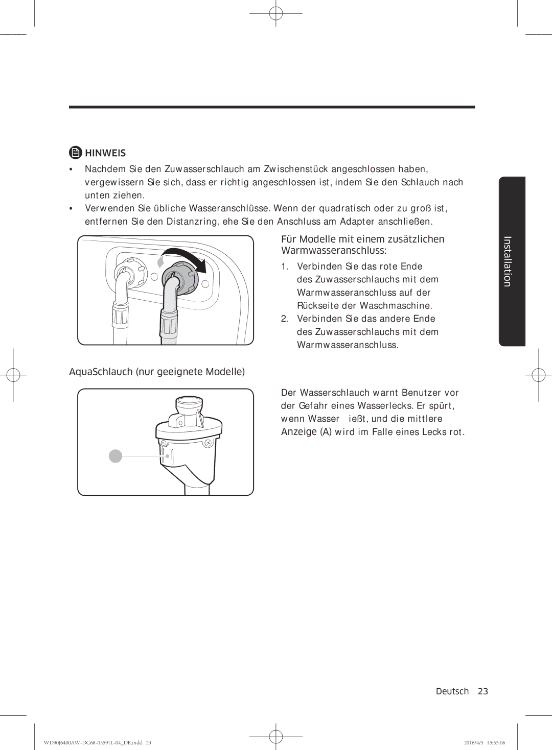 Samsung WD80J6400AW/EG, WD90J6400AW/EG manual Hinweis 