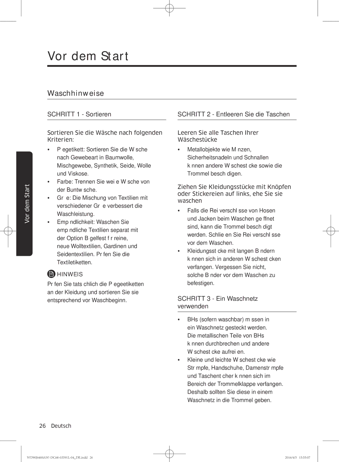 Samsung WD90J6400AW/EG, WD80J6400AW/EG manual Waschhinweise, Schritt 1 Sortieren 