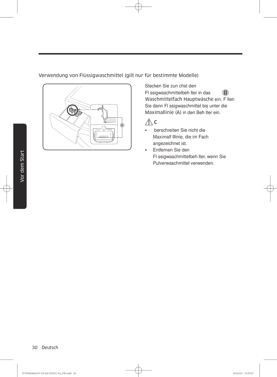 Samsung WD90J6400AW/EG, WD80J6400AW/EG manual Vor dem Start 