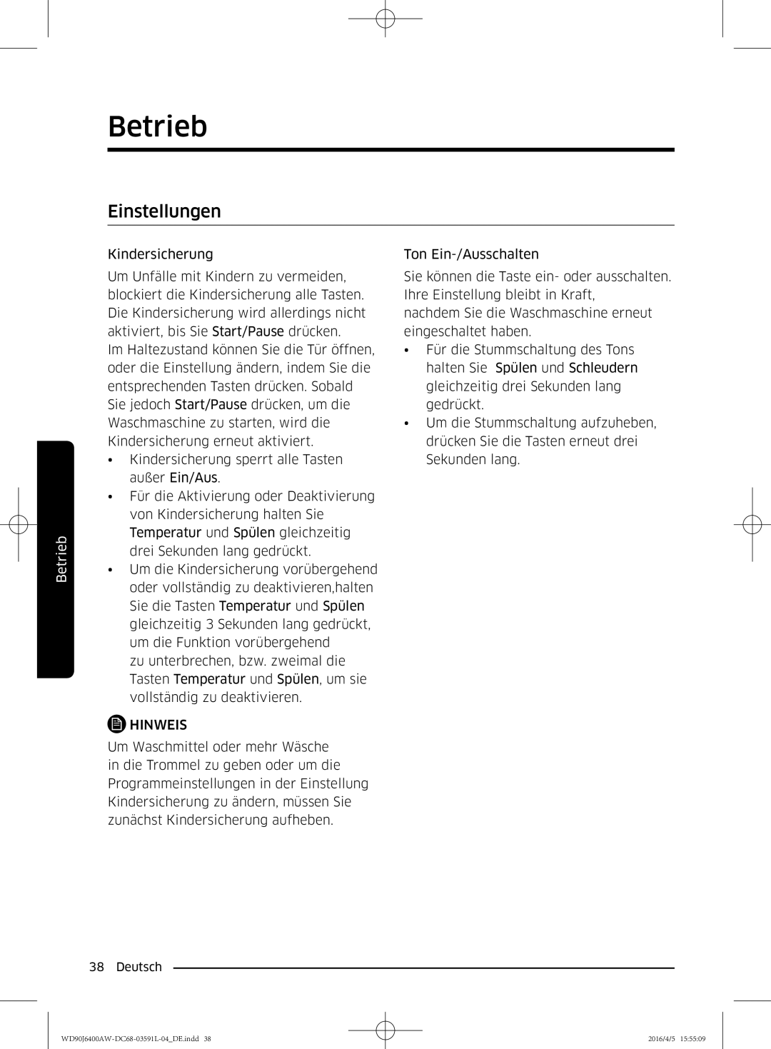 Samsung WD90J6400AW/EG, WD80J6400AW/EG manual Einstellungen 