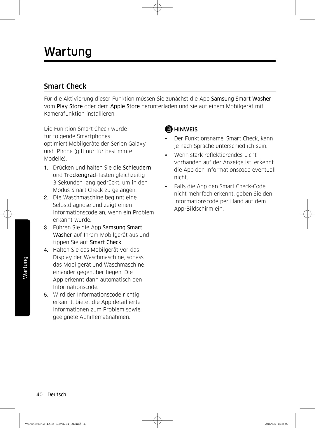 Samsung WD90J6400AW/EG, WD80J6400AW/EG manual Smart Check 