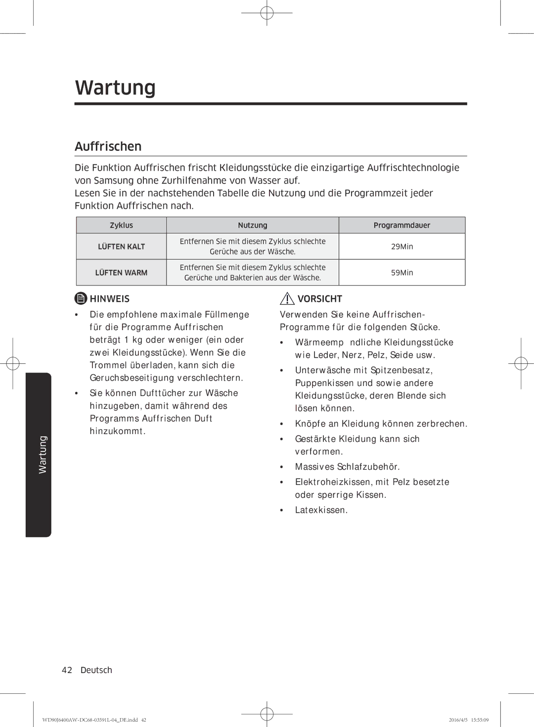 Samsung WD90J6400AW/EG, WD80J6400AW/EG manual Auffrischen 