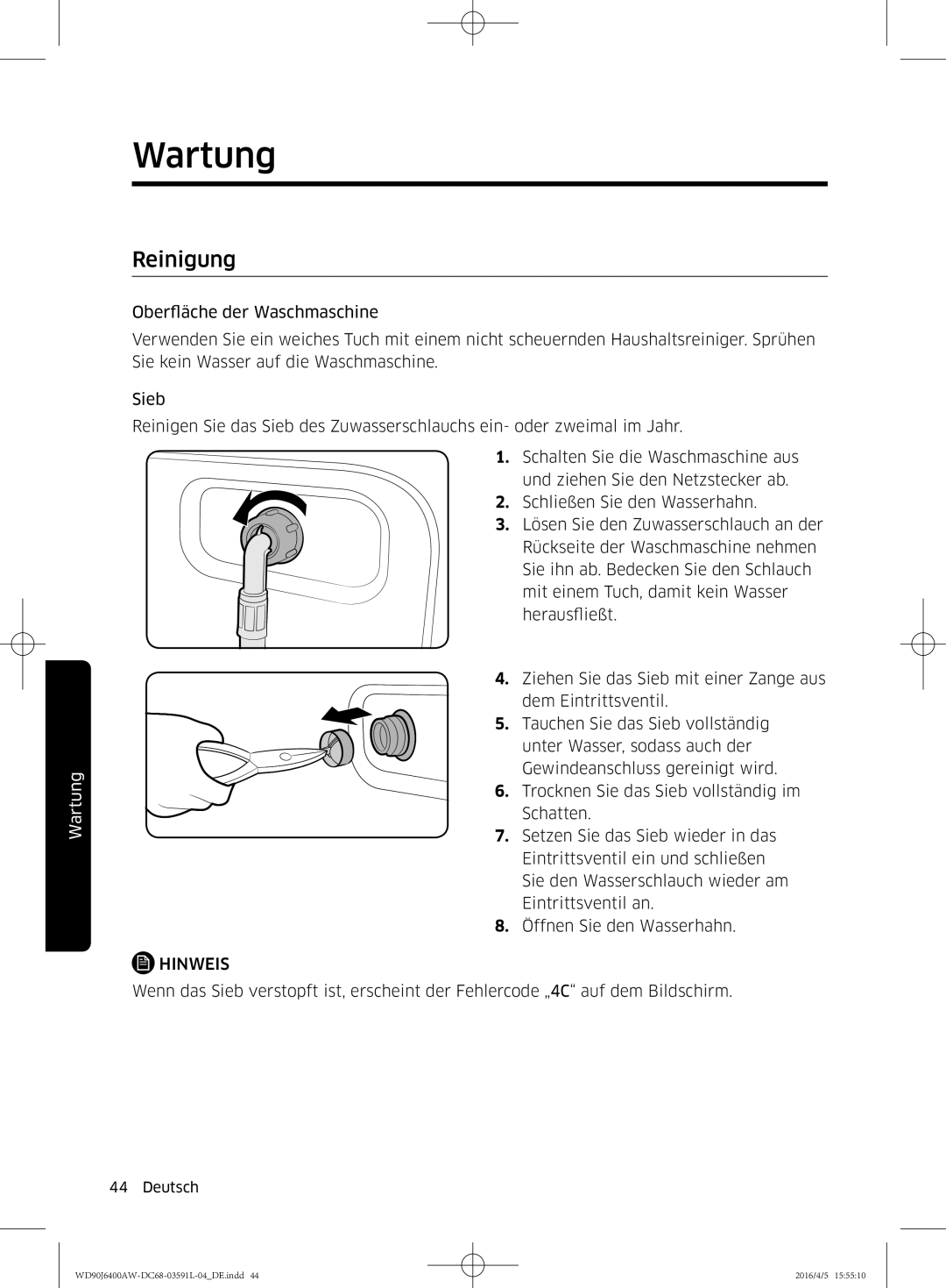 Samsung WD90J6400AW/EG, WD80J6400AW/EG manual Reinigung 