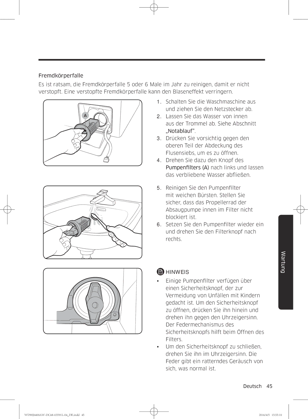 Samsung WD80J6400AW/EG, WD90J6400AW/EG manual Hinweis 