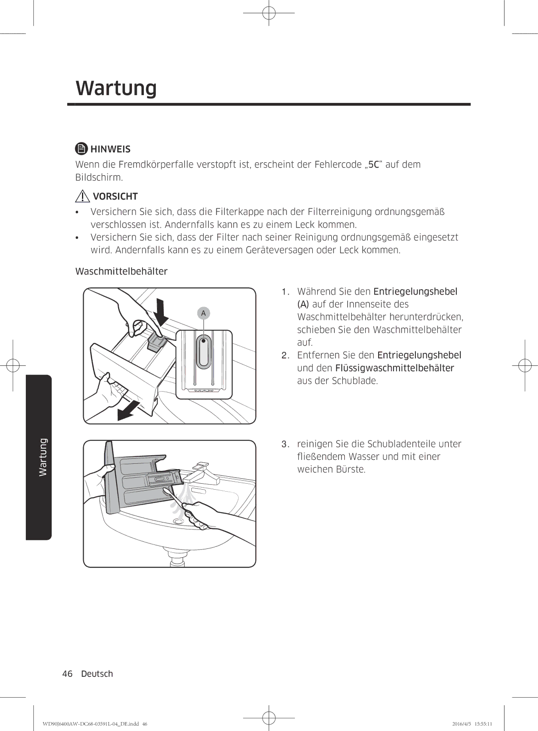 Samsung WD90J6400AW/EG, WD80J6400AW/EG manual Vorsicht 