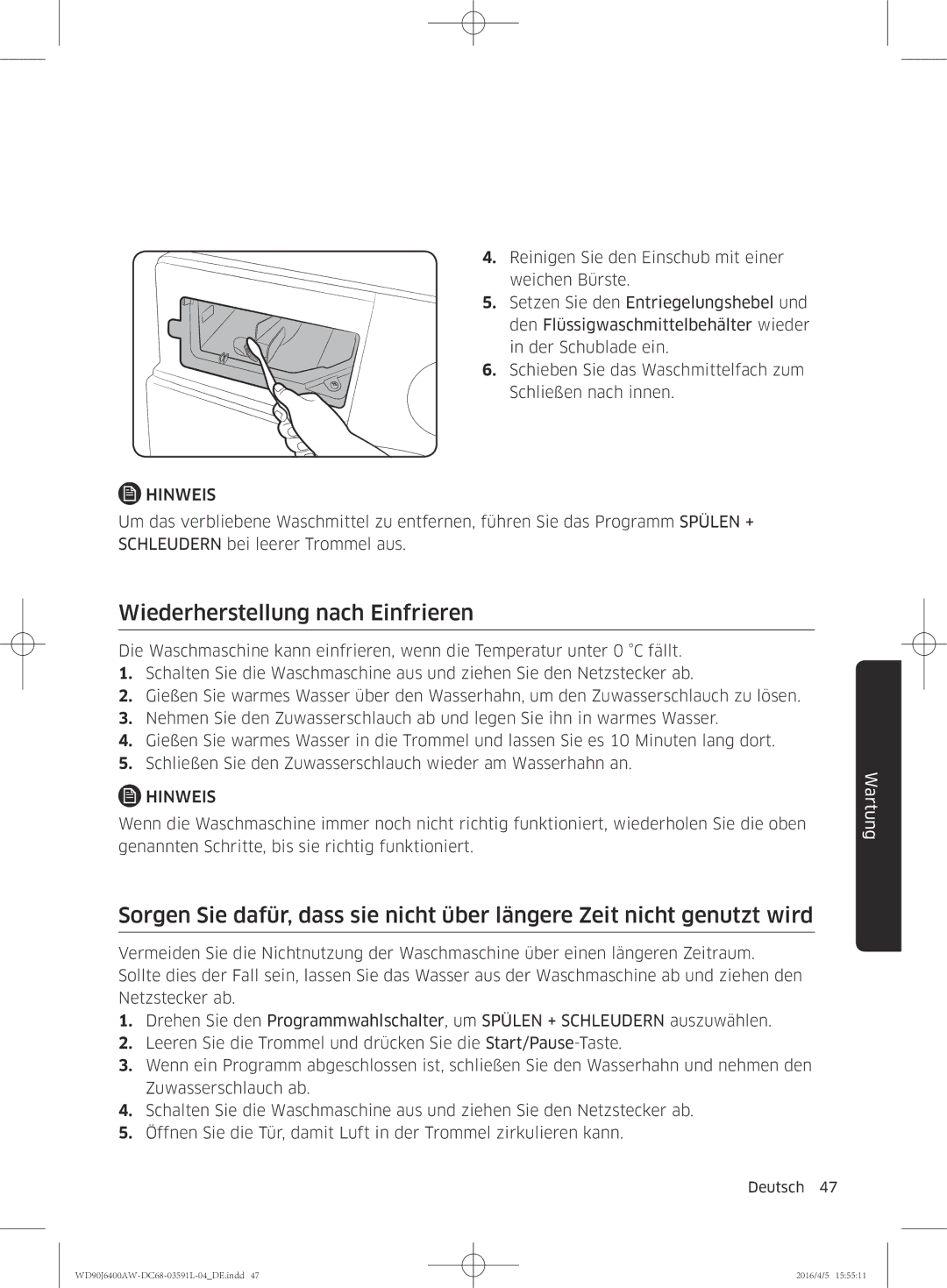 Samsung WD80J6400AW/EG, WD90J6400AW/EG manual Wiederherstellung nach Einfrieren 