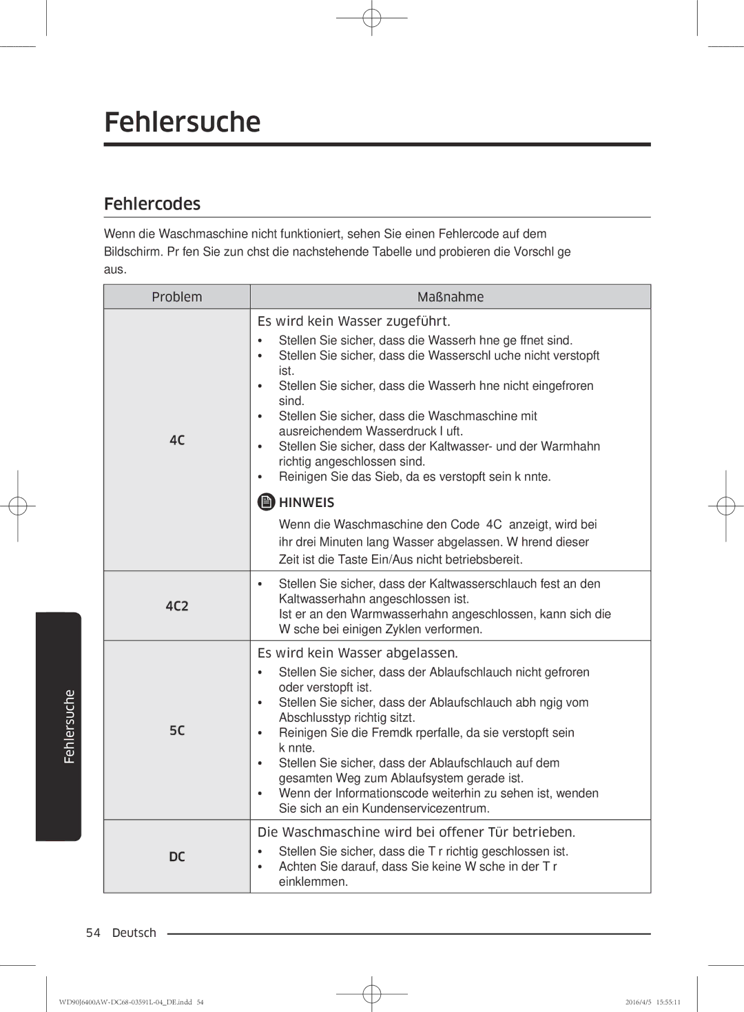 Samsung WD90J6400AW/EG, WD80J6400AW/EG manual Fehlercodes 