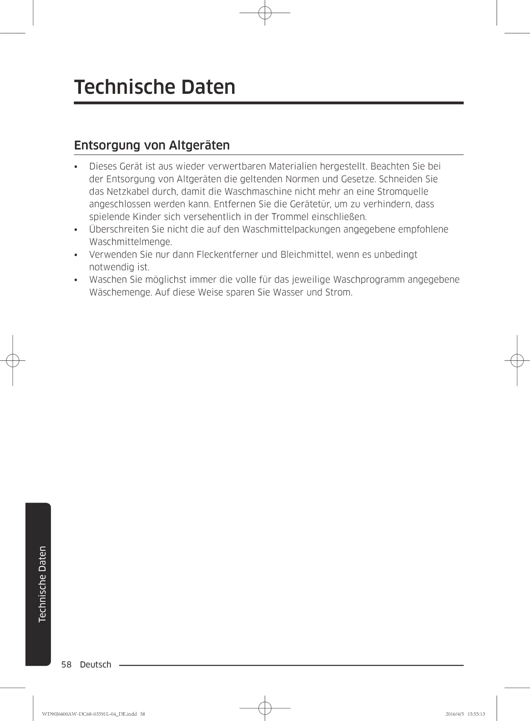 Samsung WD90J6400AW/EG, WD80J6400AW/EG manual Entsorgung von Altgeräten 