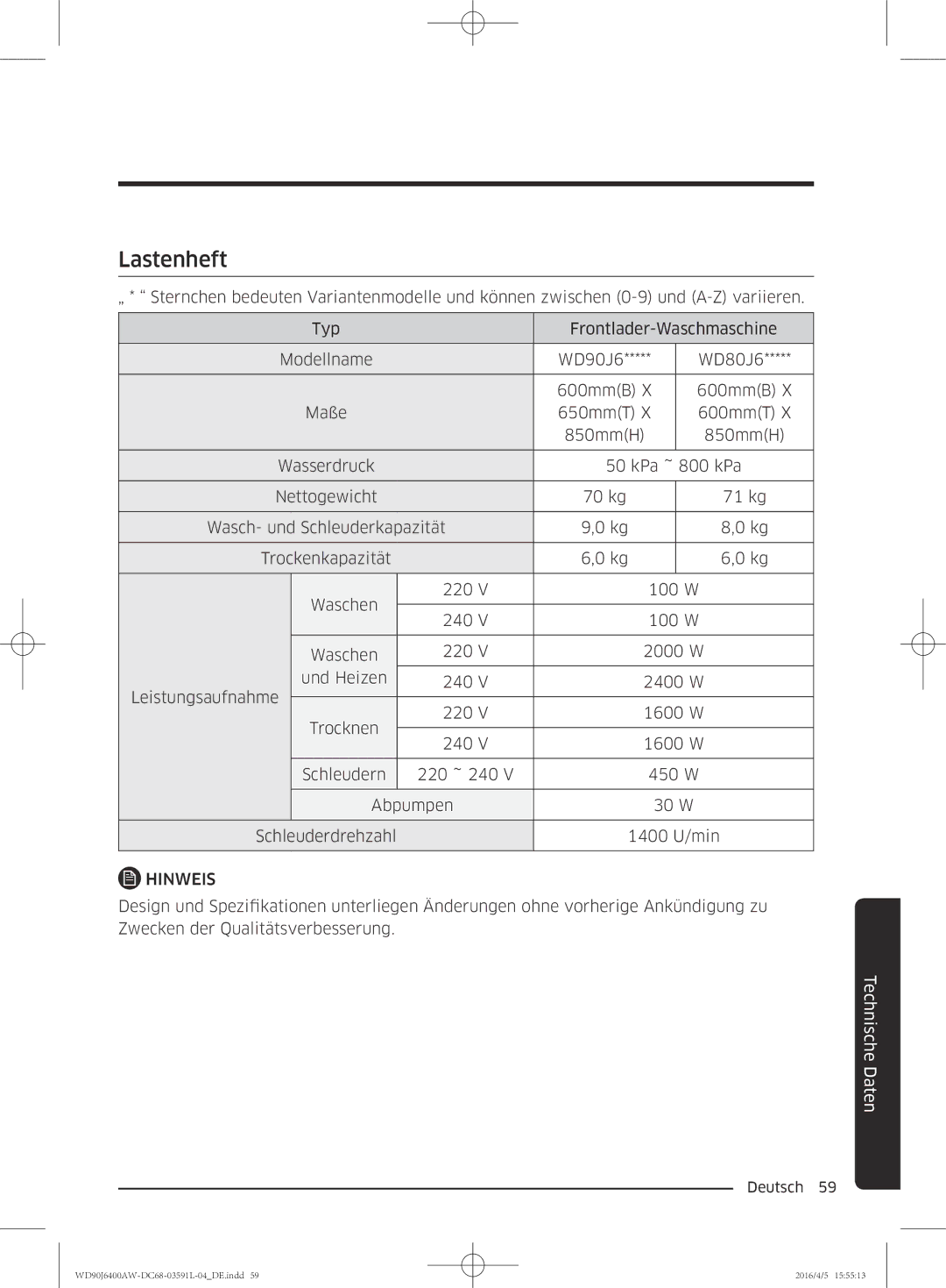 Samsung WD80J6400AW/EG, WD90J6400AW/EG manual Lastenheft 