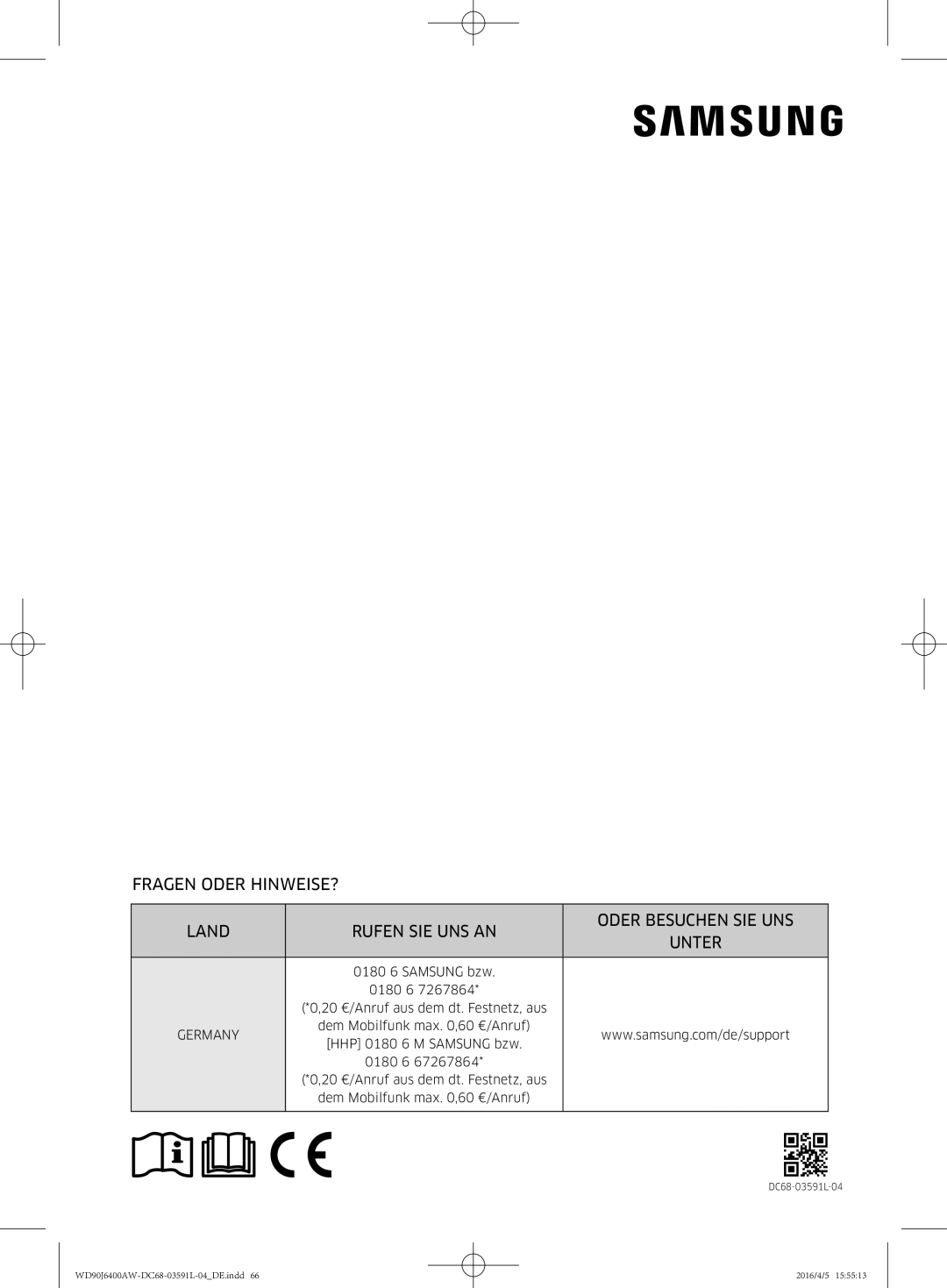 Samsung WD90J6400AW/EG, WD80J6400AW/EG manual Germany 