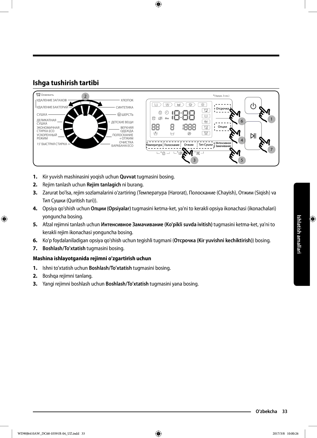 Samsung WD90J6410AS/LD manual Ishga tushirish tartibi 