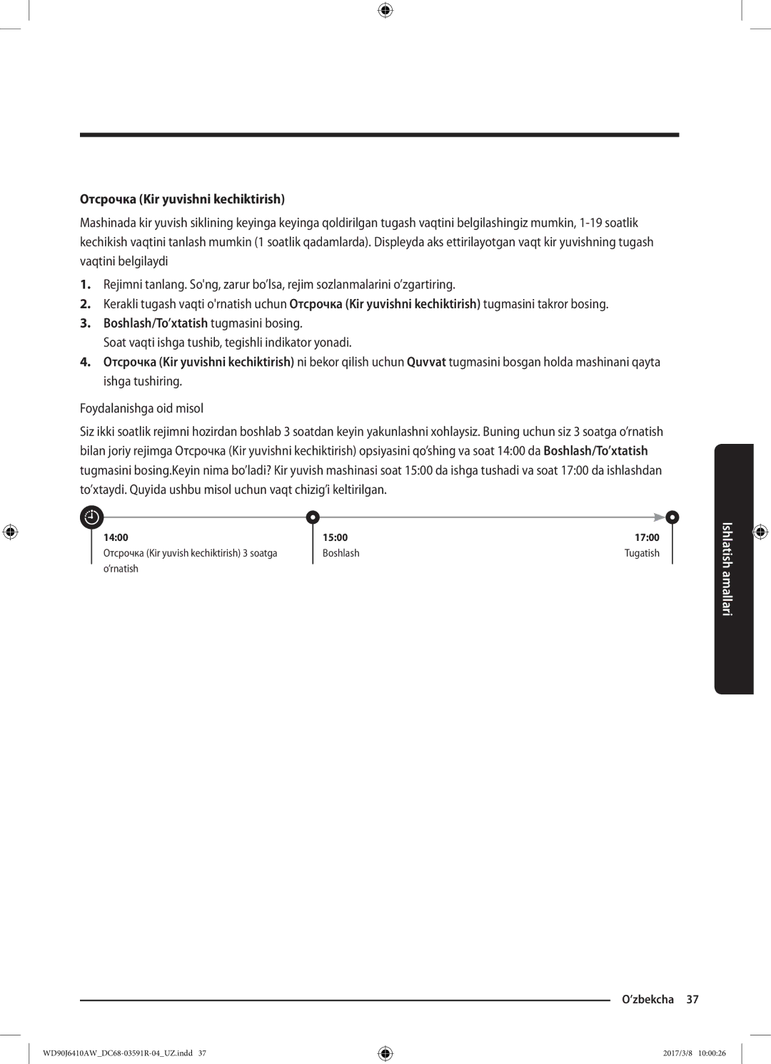 Samsung WD90J6410AS/LD manual Отсрочка Kir yuvishni kechiktirish, Boshlash/To’xtatish tugmasini bosing 