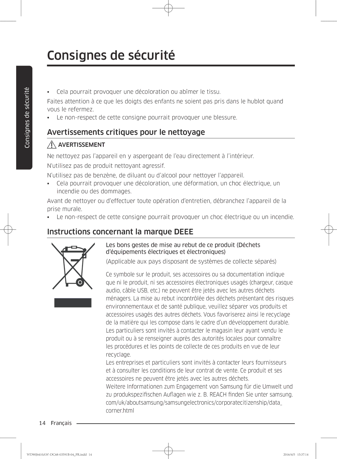 Samsung WD90J6410AW/EF, WD80J6410AW/EF Avertissements critiques pour le nettoyage, Instructions concernant la marque Deee 