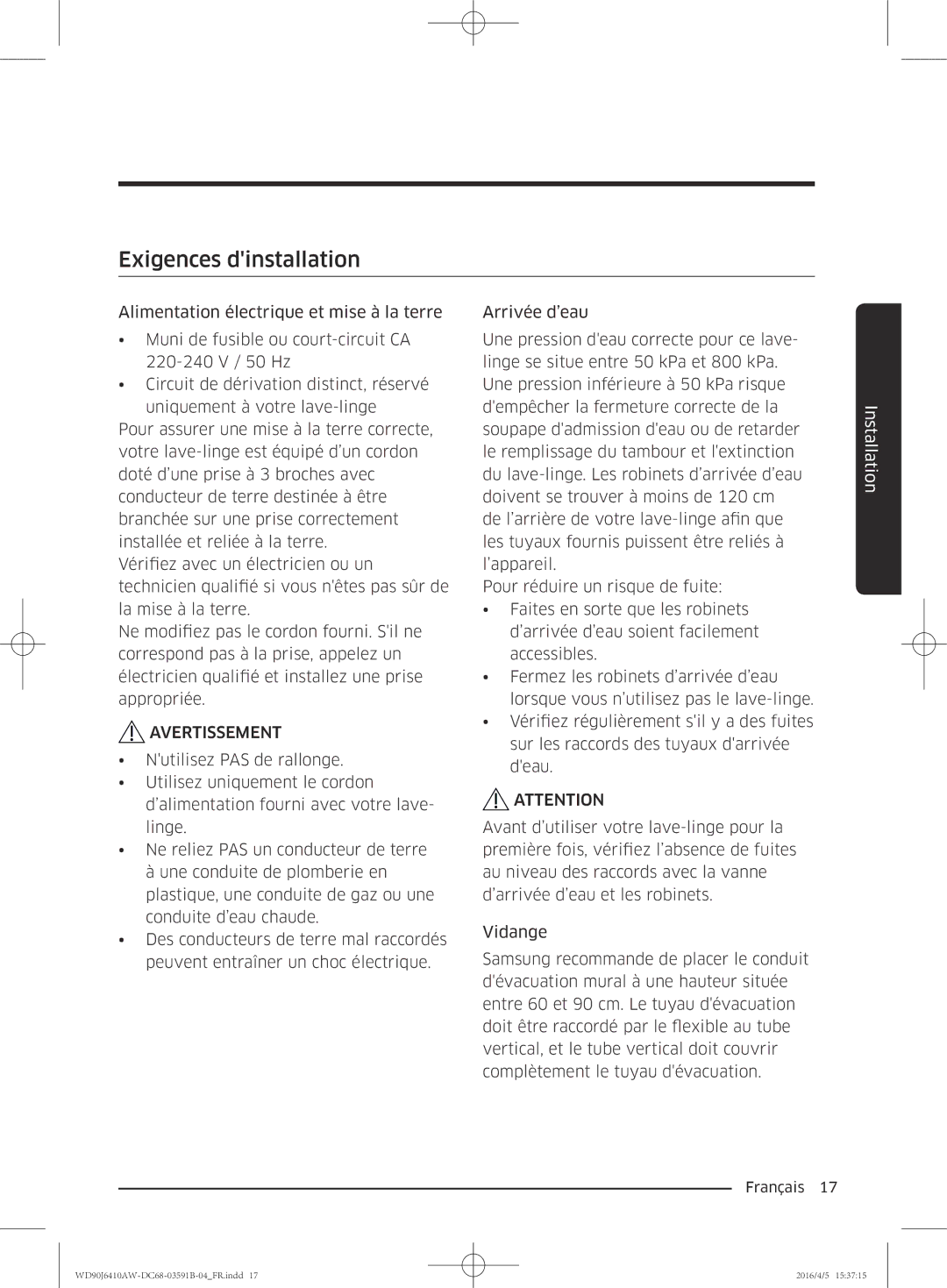 Samsung WD80J6410AW/EF, WD90J6410AW/EF manual Exigences dinstallation 