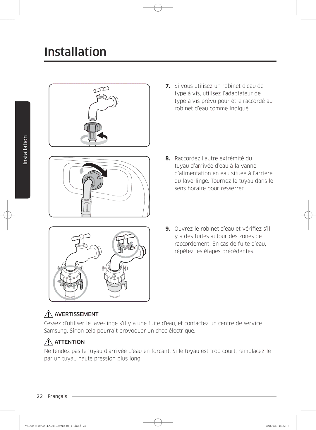 Samsung WD90J6410AW/EF, WD80J6410AW/EF manual Avertissement 