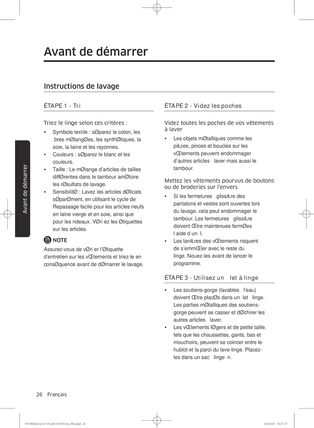 Samsung WD90J6410AW/EF, WD80J6410AW/EF manual Instructions de lavage, Étape 1 Tri 