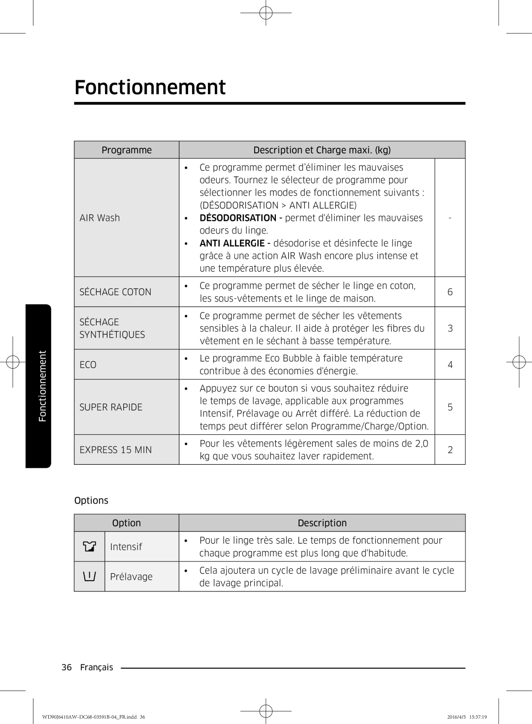 Samsung WD90J6410AW/EF, WD80J6410AW/EF manual Séchage Coton 