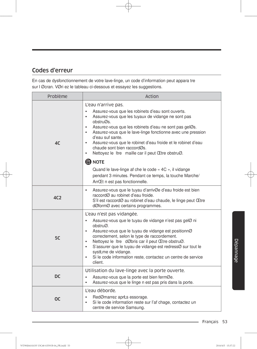 Samsung WD80J6410AW/EF, WD90J6410AW/EF manual Codes d’erreur 