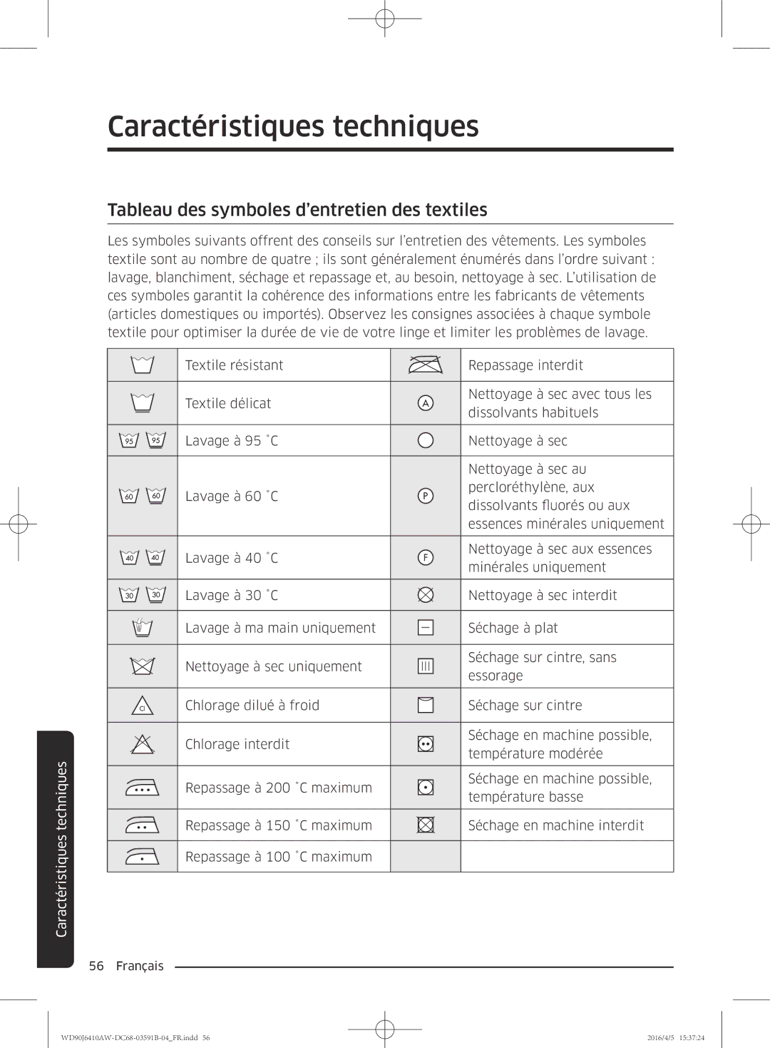 Samsung WD90J6410AW/EF, WD80J6410AW/EF manual Caractéristiques techniques, Tableau des symboles d’entretien des textiles 