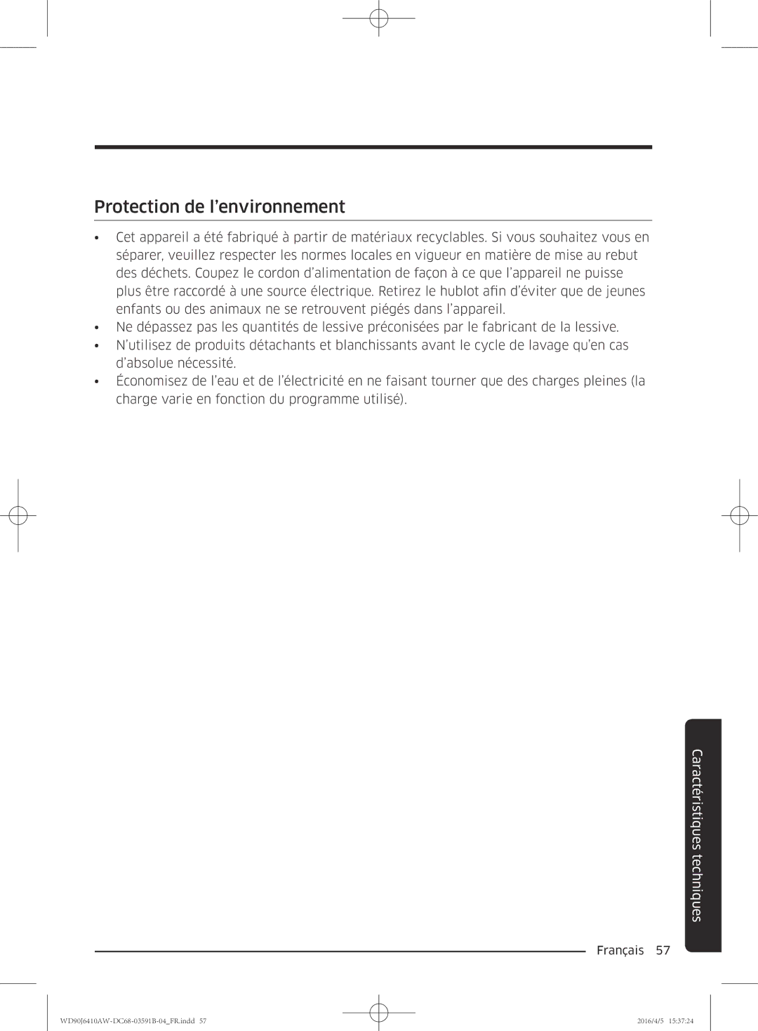 Samsung WD80J6410AW/EF, WD90J6410AW/EF manual Protection de l’environnement 