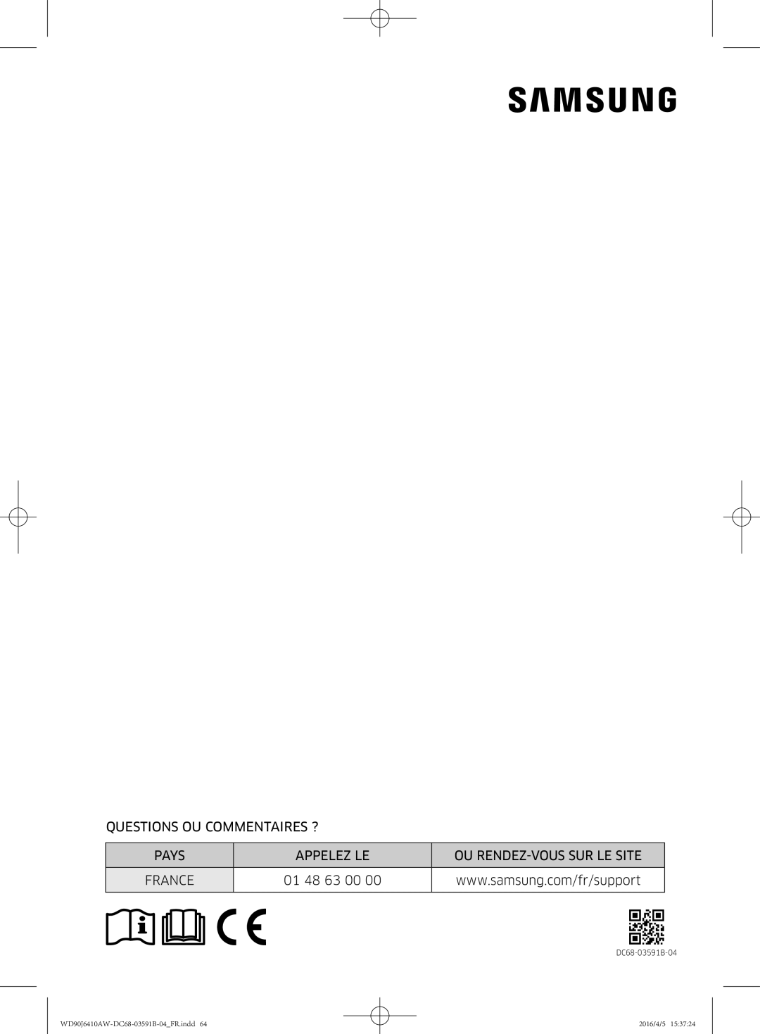 Samsung WD90J6410AW/EF, WD80J6410AW/EF manual 01 48 63 00 