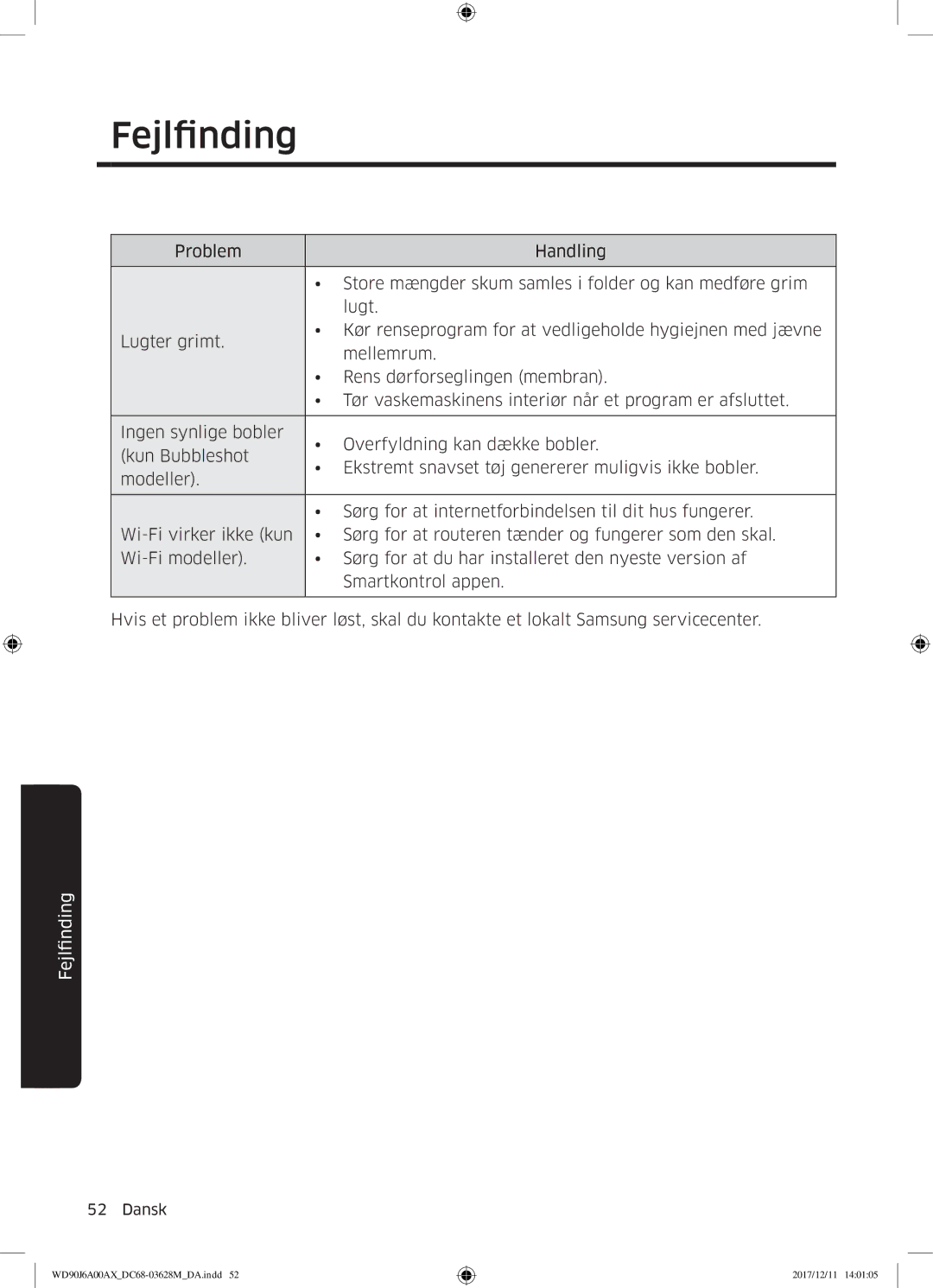 Samsung WD80J6A00AW/EE, WD90J6A00AX/EE, WD90J6A00AW/EE manual Fejlfinding 